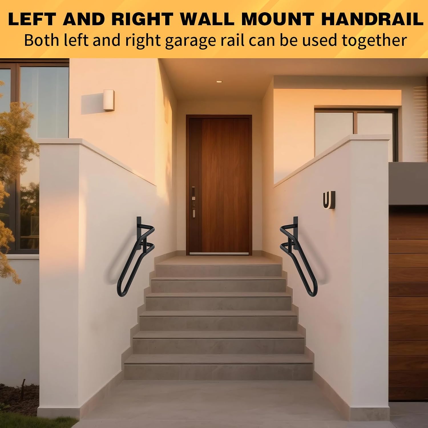 Right Side Wall Mounted handrail, Garge Door Stair Railing for 1-3 Steps(Polished Black, Right Side, 230LBs Loading)
