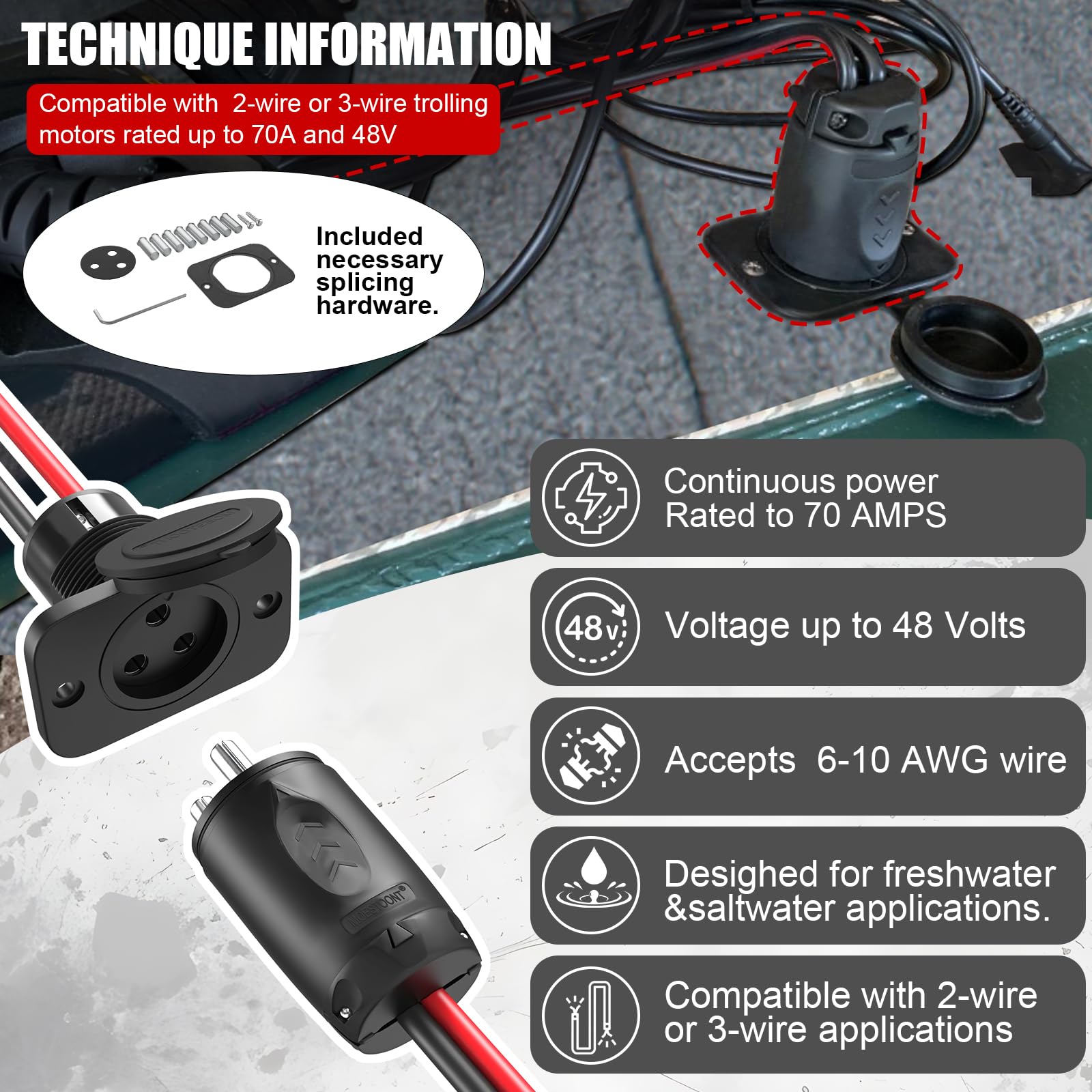 Spina e presa per motore per pesca a traina da 70 A per sistemi a 2 o 3 fili 12-48 V, compatibile con imbarcazioni marine Minn Kota, connettore di alimentazione elettrica resistente a tenuta