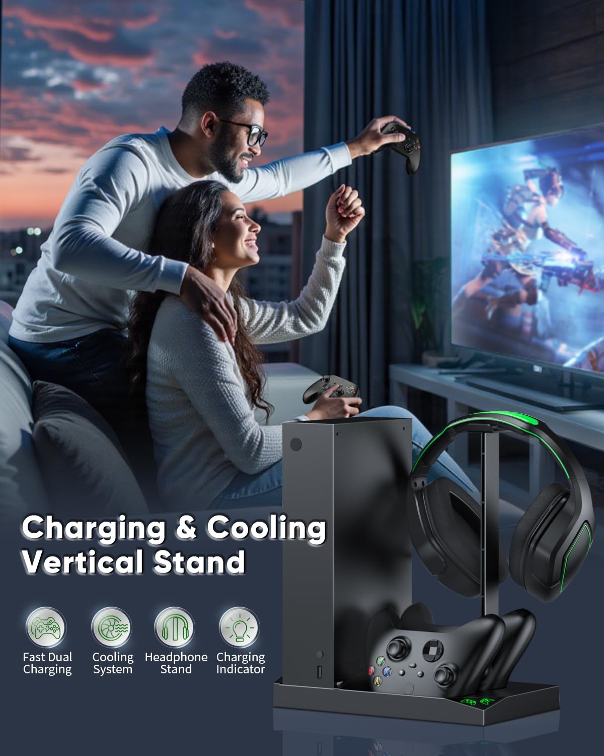 MENEEA Ladegerät-Ständer mit Lüfter Zubehör für Xbox Series S Controller Ladestation und Konsole mit Kühler, Kopfhörerhalterung, 2 x 1400 mAh wiederaufladbaren Akku (Schwarz)