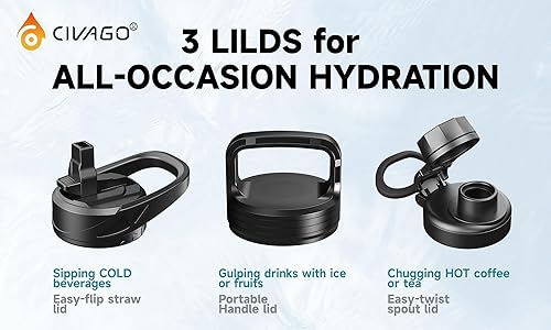 Miniatura 2 de CIVAGO Botella de agua aislada de 64 onzas con popote y asa, frasco de agua de acero inoxidable de medio galón, botella de agua deportiva grande de