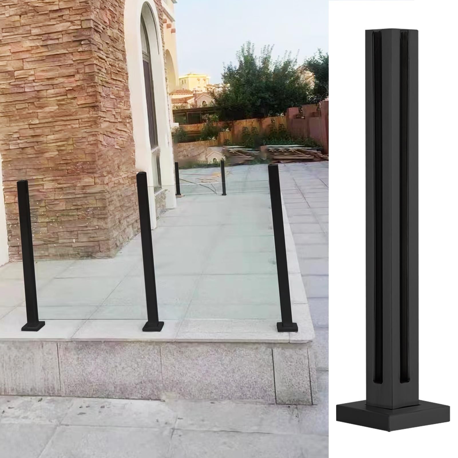 Black Glass Railing Posts for Outdoor Patios Durable Glass Balustrade Posts with Base & Screws Stylish Fence Post for Decks and Gardens Weather Resistant Design
