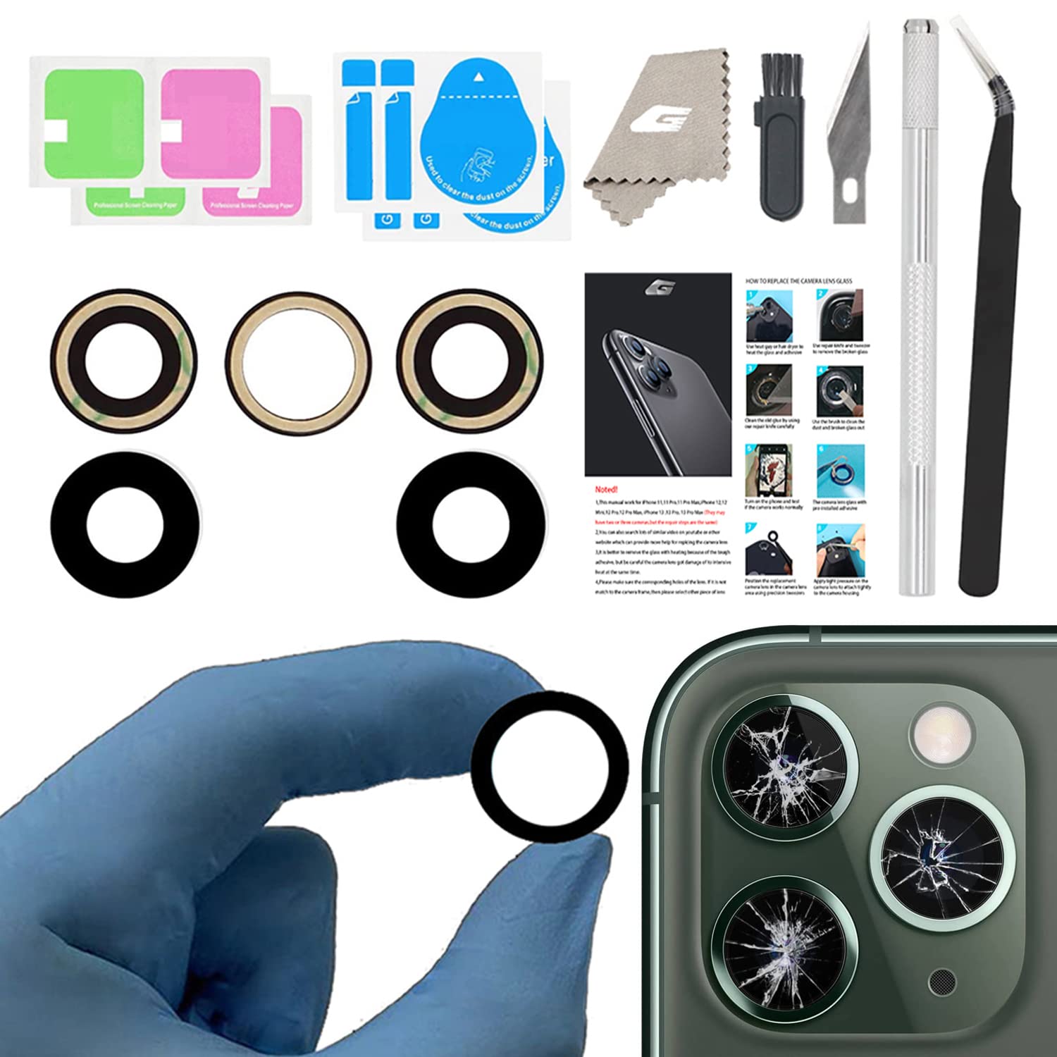 GVKVGIH Rear Camera Lens Covers Replacement for iPhone 11 Pro & 11 Pro Max, Back Camera Len Glass Replacement with Double-Sided Adhesive & Repair Tool Kit (for 11Pro/11 Pro Max)