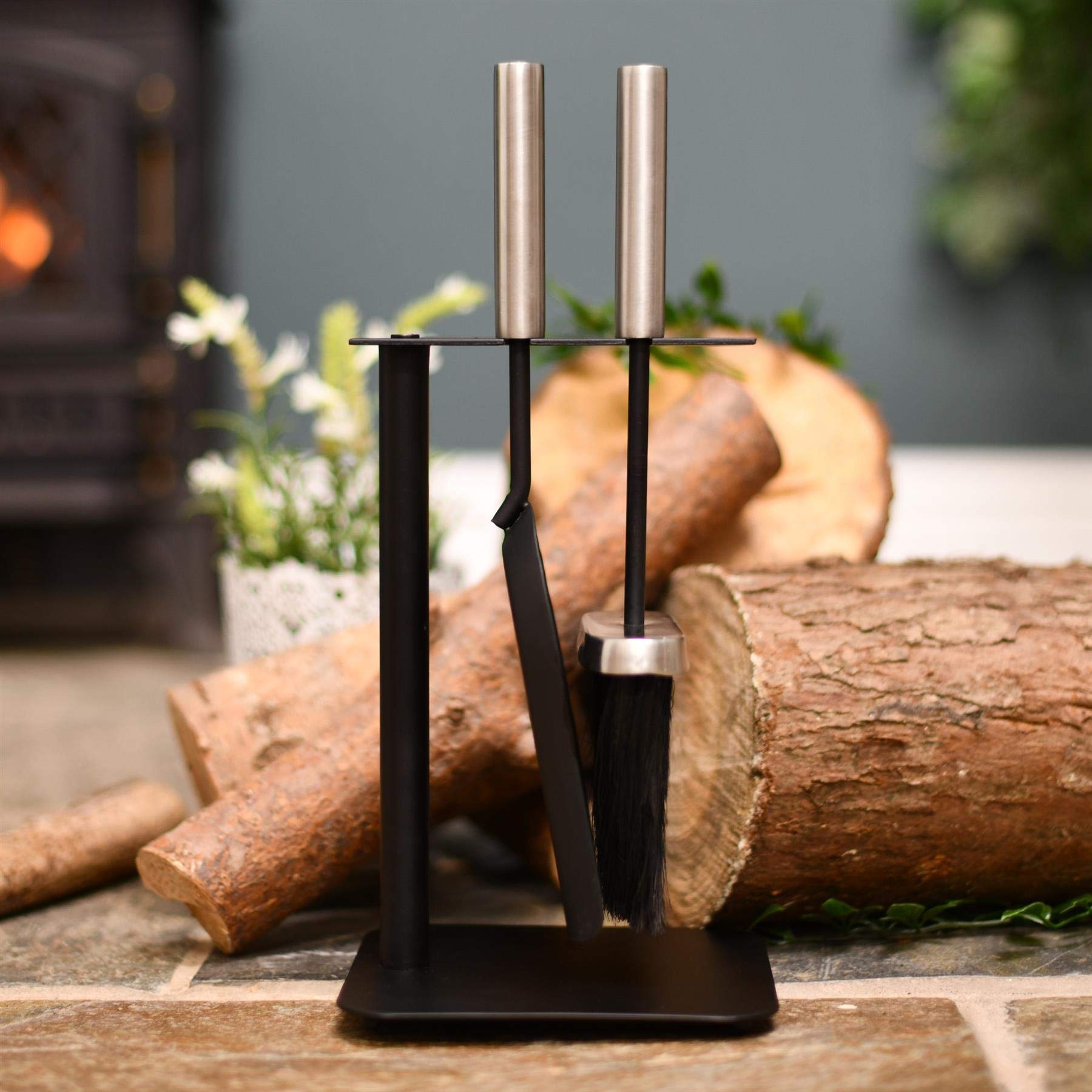 Black And Polished Brass Fireside Brush And Pan Set Heavy