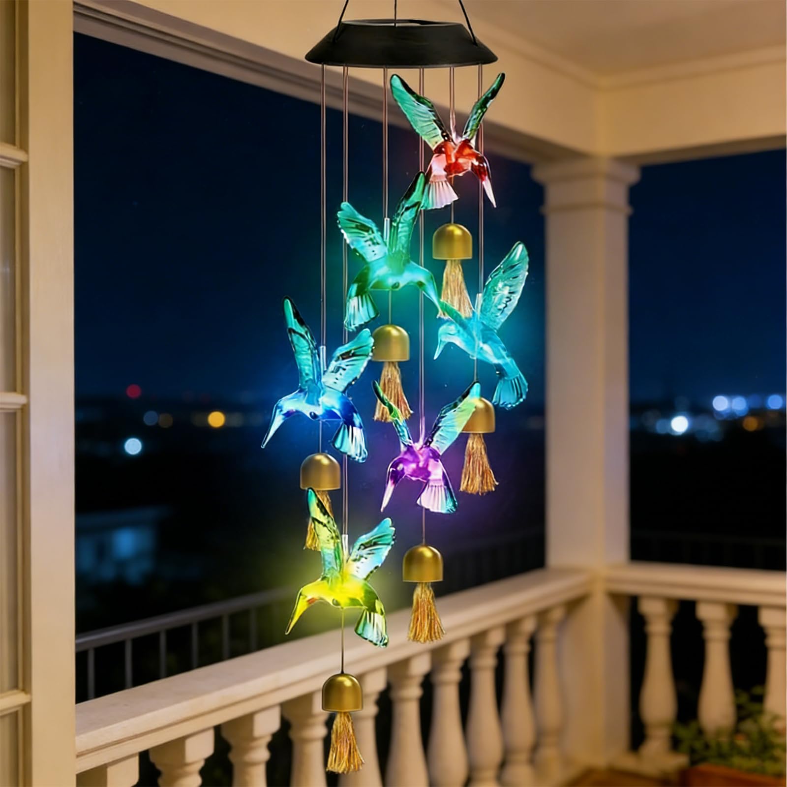 2 scacciapensieri solari per esterni, scacciapensieri a energia solare, per esterni, a forma di vento, per giardino, colibrì, per esterni, a LED che cambiano colore, impermeabile