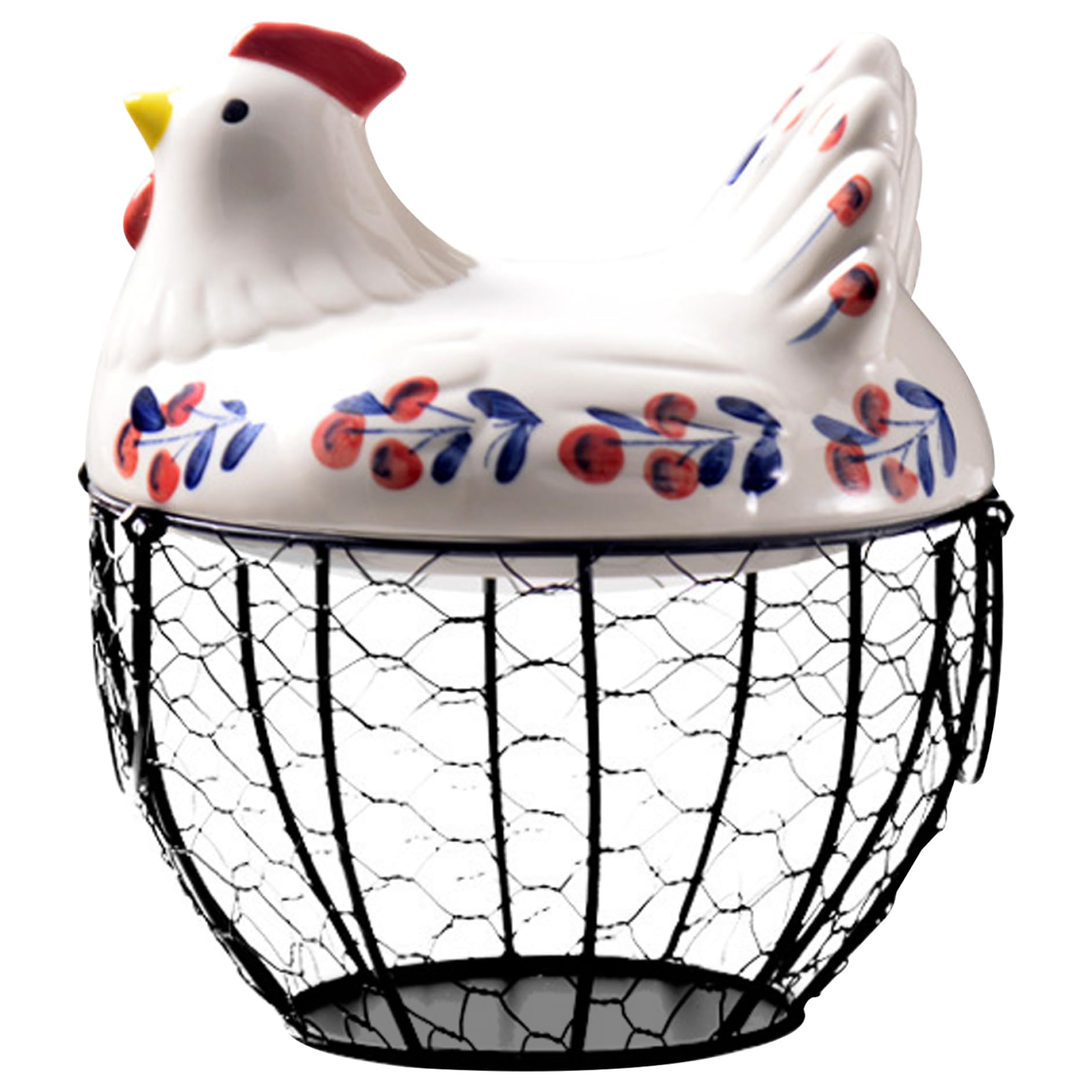 Soporte de huevo de gallina de cerámica, cesta de alambre hueco con base no deslizante y tapa, organizador de encimera para recoger huevos frescos