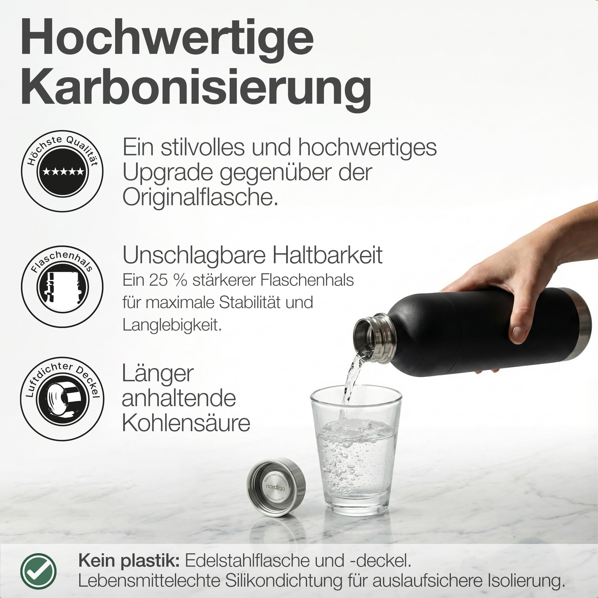 Edelstahl Sprudelflasche 1L | Kompatibel mit Aarke Carbonator 3, SodaStream Duo & Kunststoffflaschen | Nicht für Crystal & Jet | Kein Ablaufdatum | Plastikfrei | 2x Schwarz