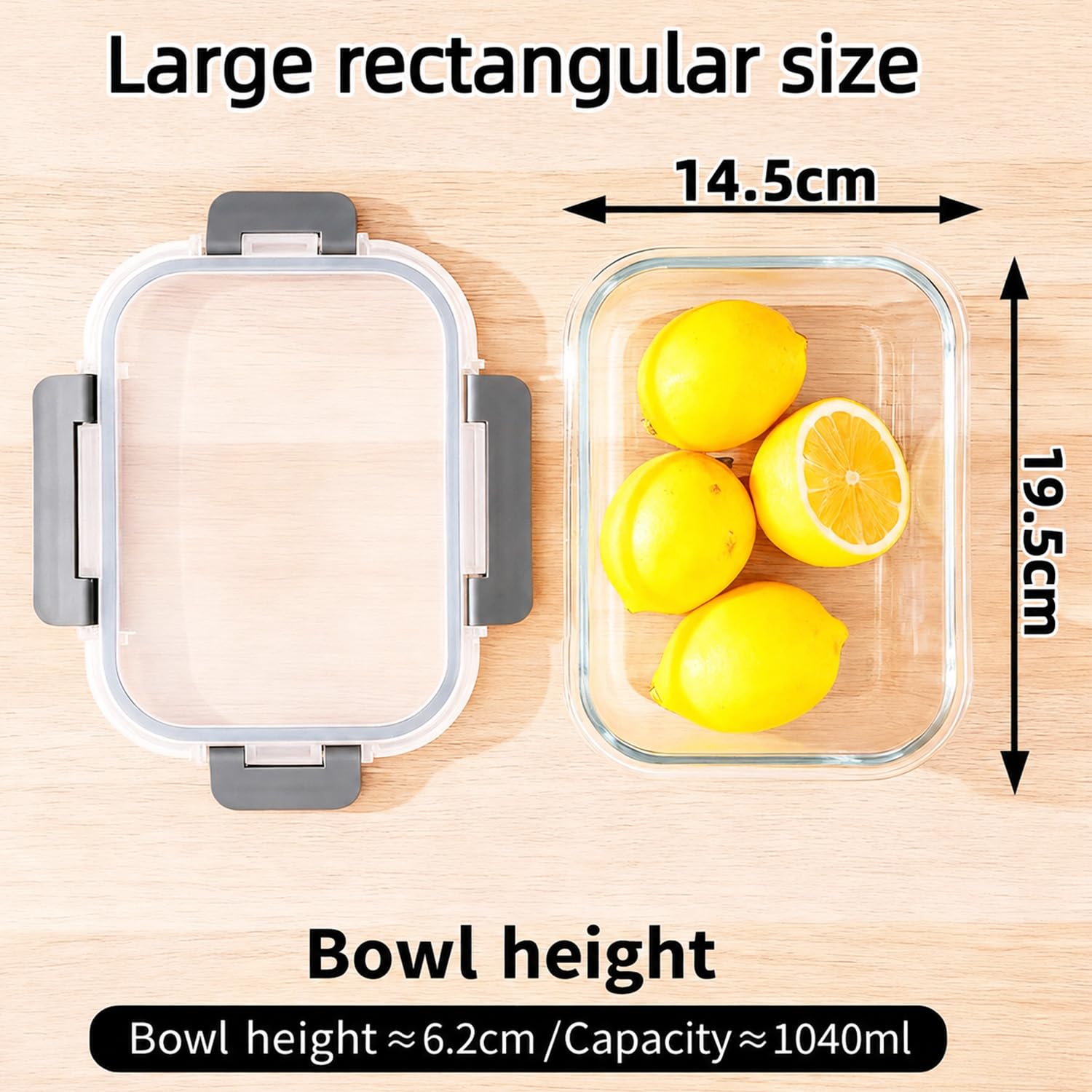 Set di 5 contenitori per alimenti in vetro borosilicato (1040 ml) con coperchi, ermetici e privi di BPA, adatti per forno a microonde, lavastoviglie e congelamento, per Meal Prep e Lunch Box