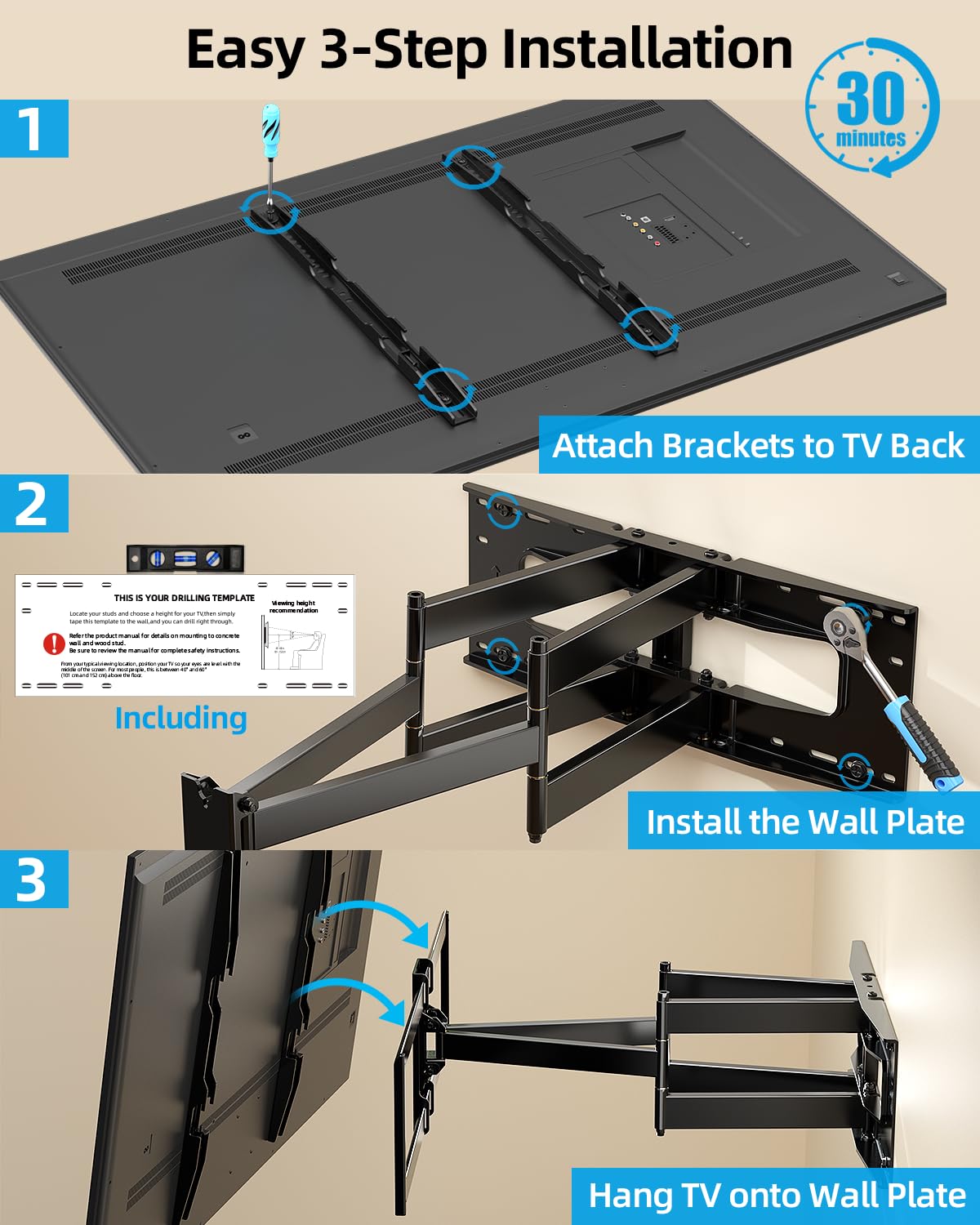 HOME VISION Staffa di montaggio a parete per TV a movimento completo per TV piatto/curvo da 40-100 pollici, portata 77 cm, girevole e inclinabile, capacità 75 kg, VESA max 800 x 600 mm, HV6802