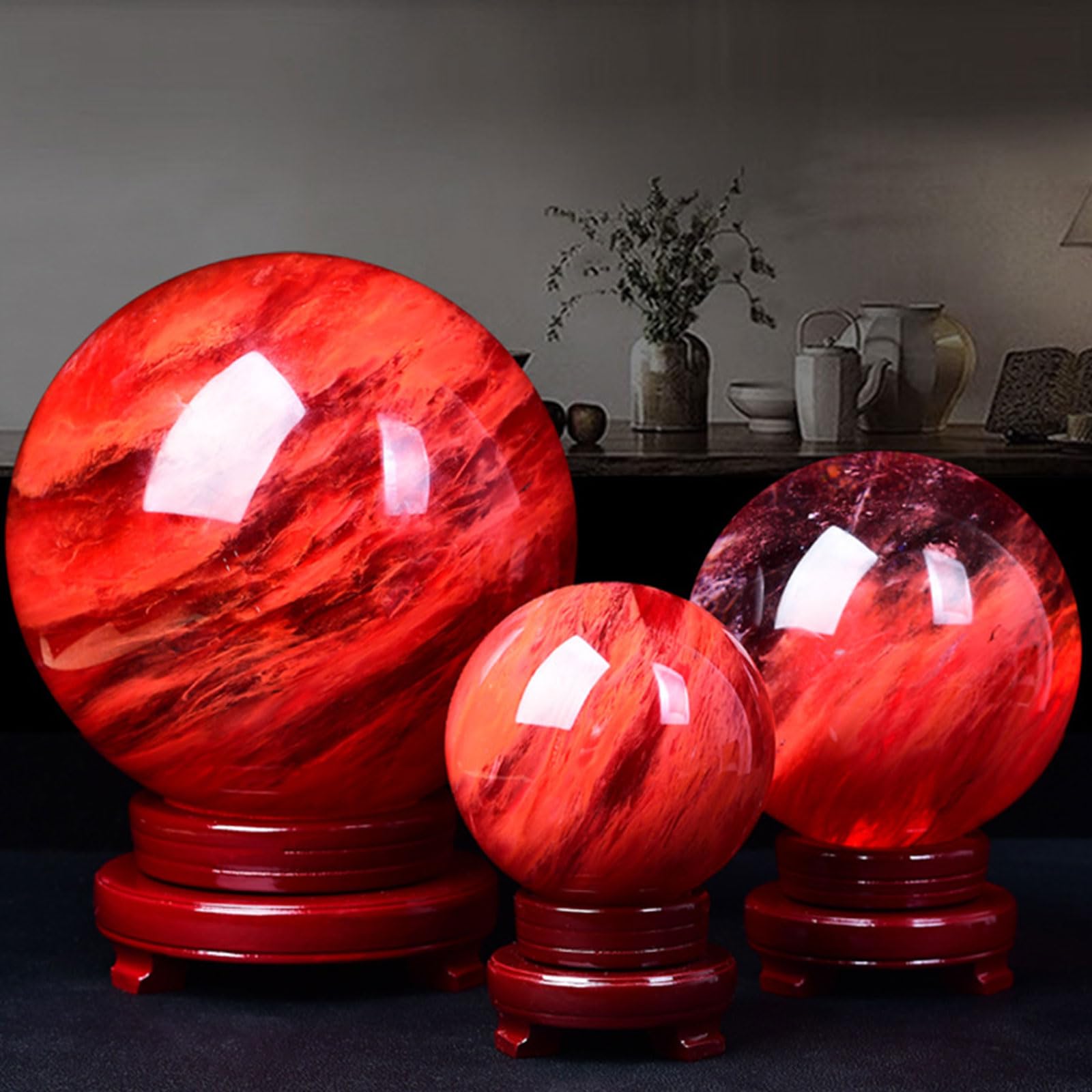 Kryształowa kula z naturalnego czerwonego obsydianu z drewnianą podstawą – kula z leczniczego kamienia szlachetnego do dekoracji domu i biura, kamień ochronny do medytacji,Diameter3.9"