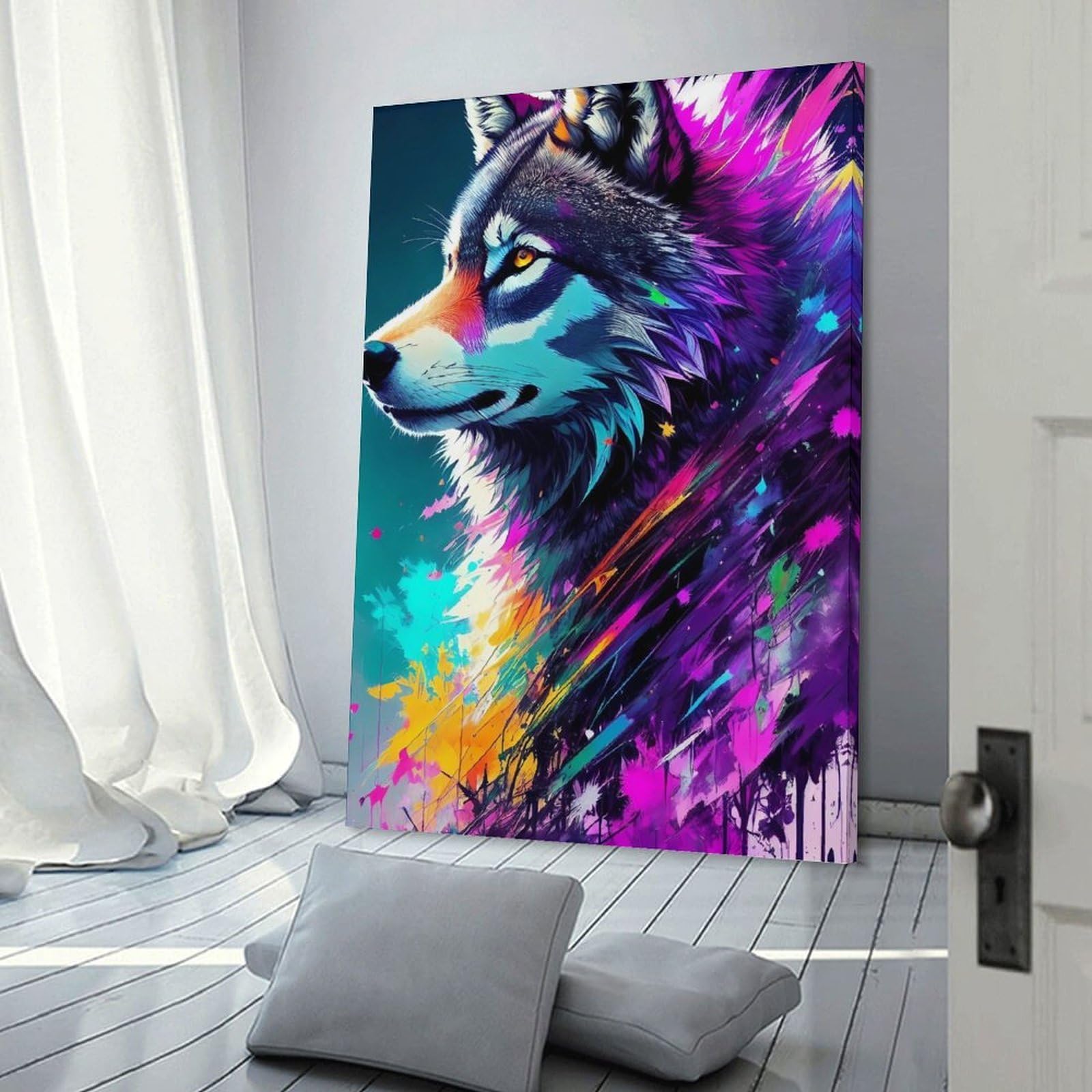 Junmoney Frame-Style-23 Colorful Wolf Art Print-1 Canvas Wall Art 20X30inch(50X75cm), For Office Decor, Home Working Or Creative Rooms, Wall Art That Adds Style To Work Areas