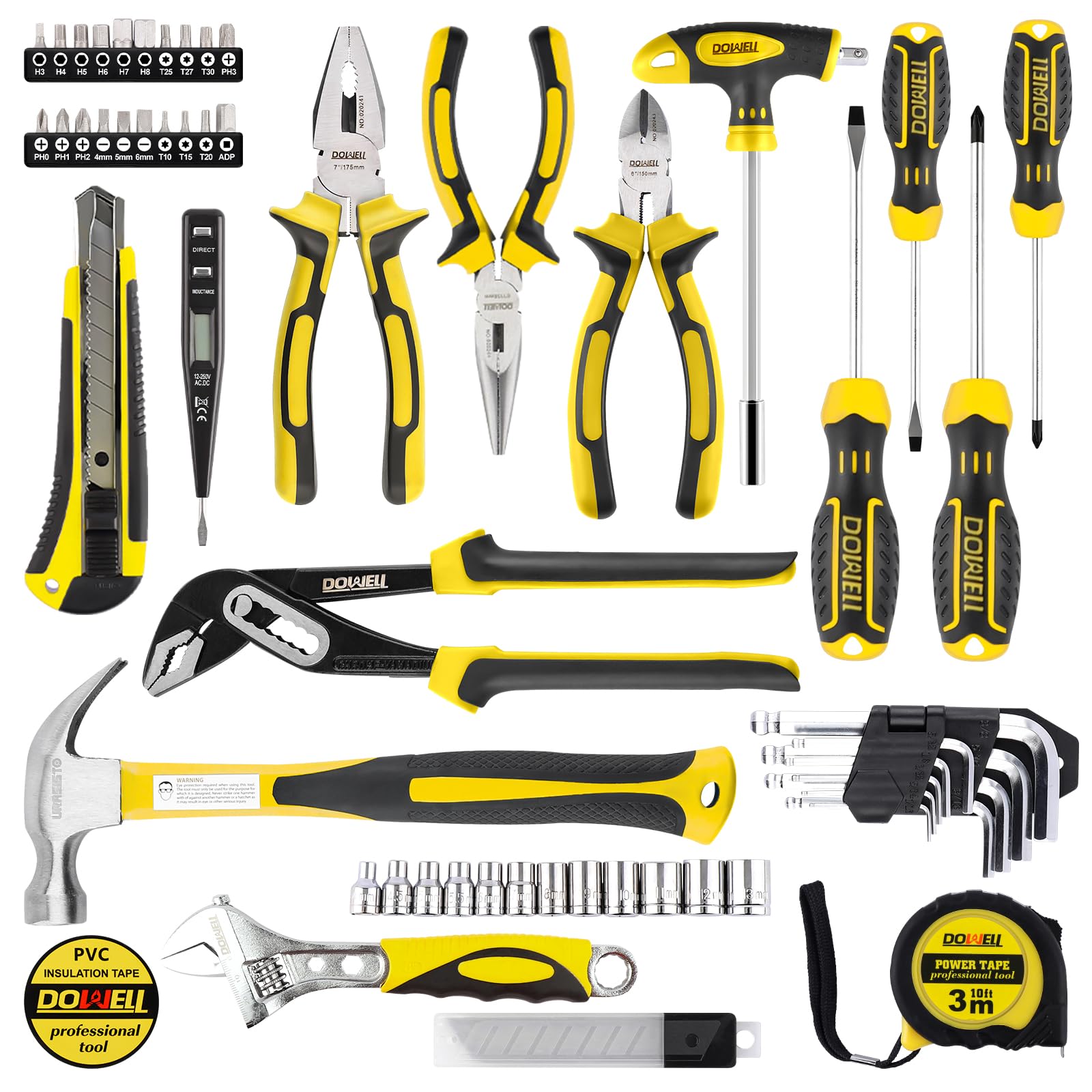 DOWELL Set di attrezzi Kit attrezzi 62 pezzi Set di strumenti per il proprietario di casa Chiave inglese Pinze Set di cacciaviti Kit di strumenti di riparazione
