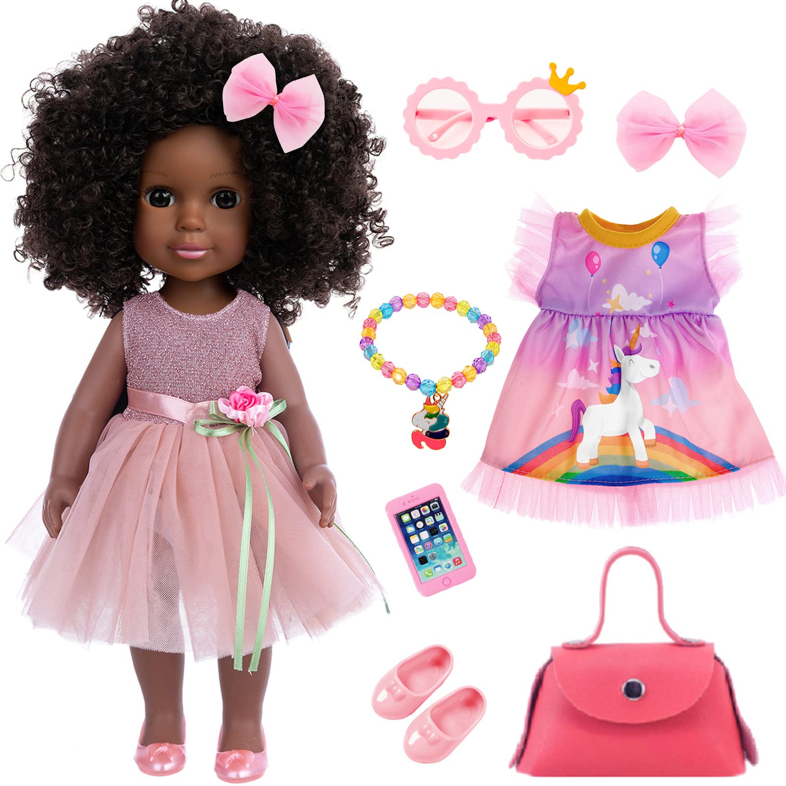 14.5 inch Girl Black Doll and Black Doll Accessories Washable African-American Realistic Doll Include Two Dresses Glasses Necklace Hairpin Handbag Shoes Phone Toys, Best Gift for Kids Girls