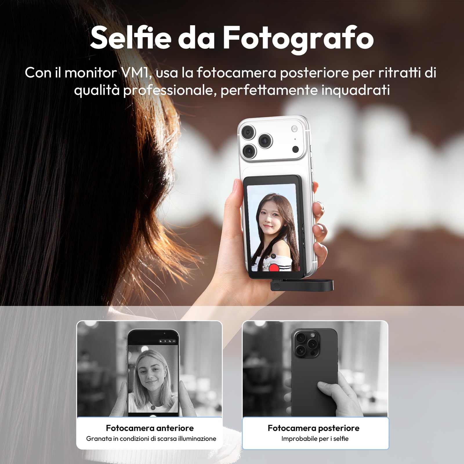 ULANZI VM1 Selfie monitor schermo magentico da 3,97” 4K@60fps per smartphone DP-Ready, 87g, Connessione cablata senza Wi-Fi, Zero Lag, 3-Livelli Luminosità, USB-C Pass-Through 60W, Vlog/Live/Shorts