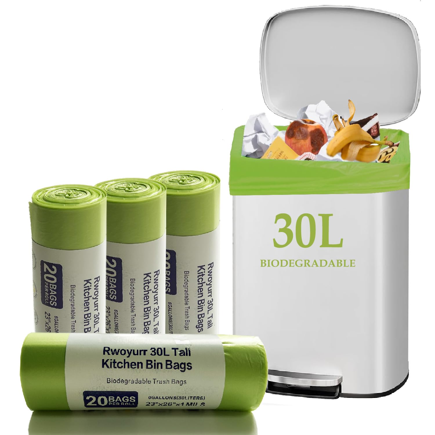 30 Litre Compostable Bin Liners, 80 Counts Thicken Biodegradable Food Waste Bags, Recycling Pedal Trash Bag Compost Caddy Liner Tall for Kitchen Office Bathroom 8 Gallon, Green, 60 X 65cm