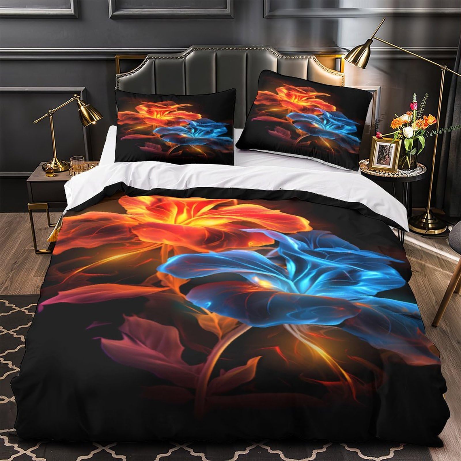 Housse de couette feu floral 140x200 microfibre pour lit simple ado