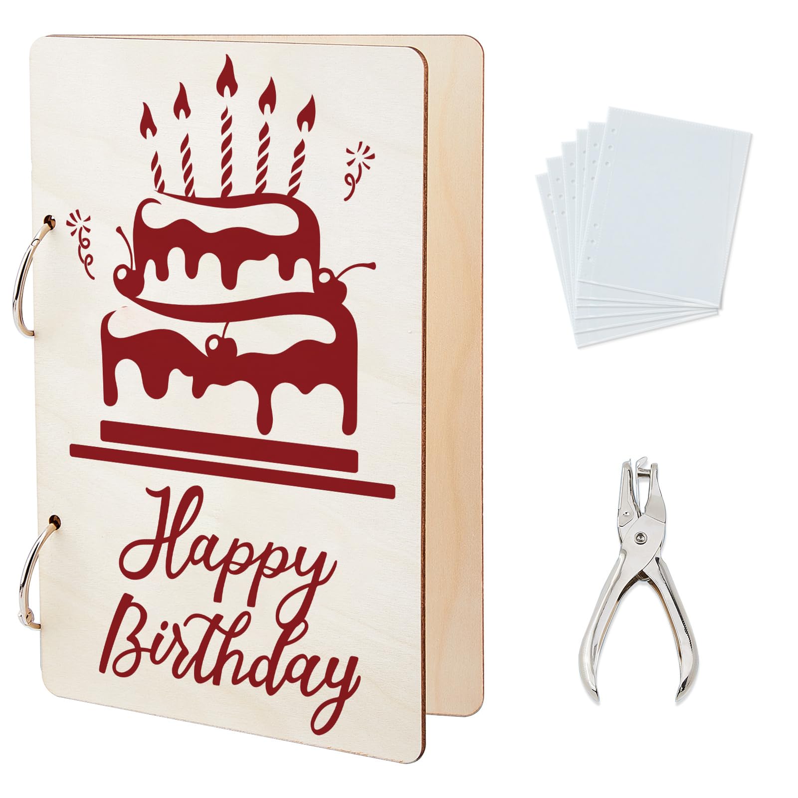 SUPERDANT Birthday Cake Greeting Card Organizer Cake with Candles and Cherries Greeting Card Binder Wooden Cards Keeper Binder 2-Rings Post Cards Album with Punch and 20 Pockets — image 1