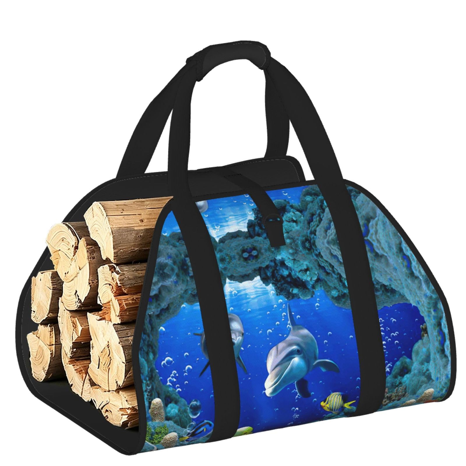 3D Underwater world fish dolphi Printed Firewood Carrier Bag, Log Tote with Open-Ended Design for Camping Outdoor Wood Hauling