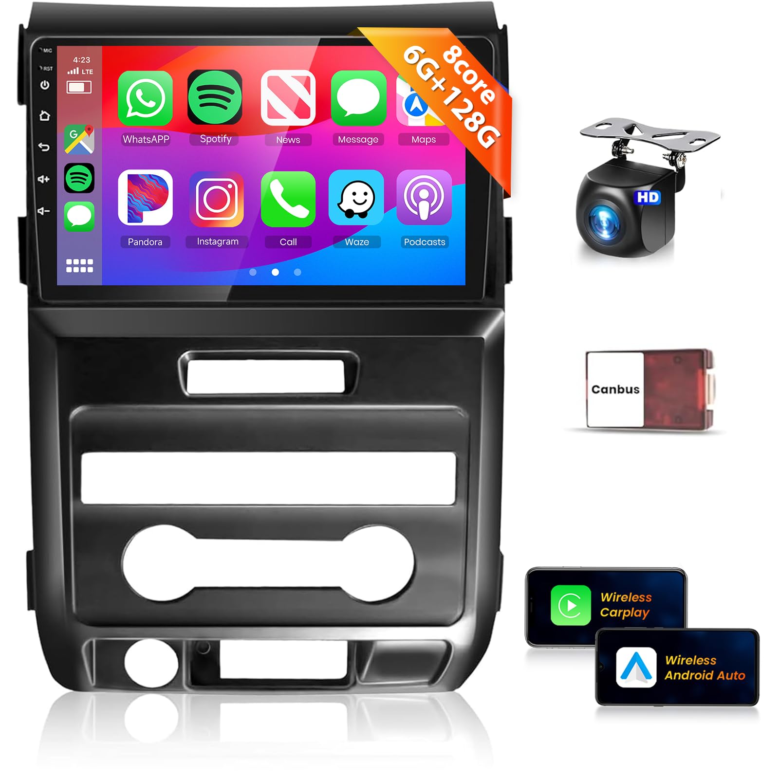 Podofo 8Core 6G 128G Car Stereo for Ford F150 F-150 2009-2014 Radio with 9inch 1280x720P IPS Touch Screen/Wireless Carplay/Android Auto/Bluetooth 5.0/