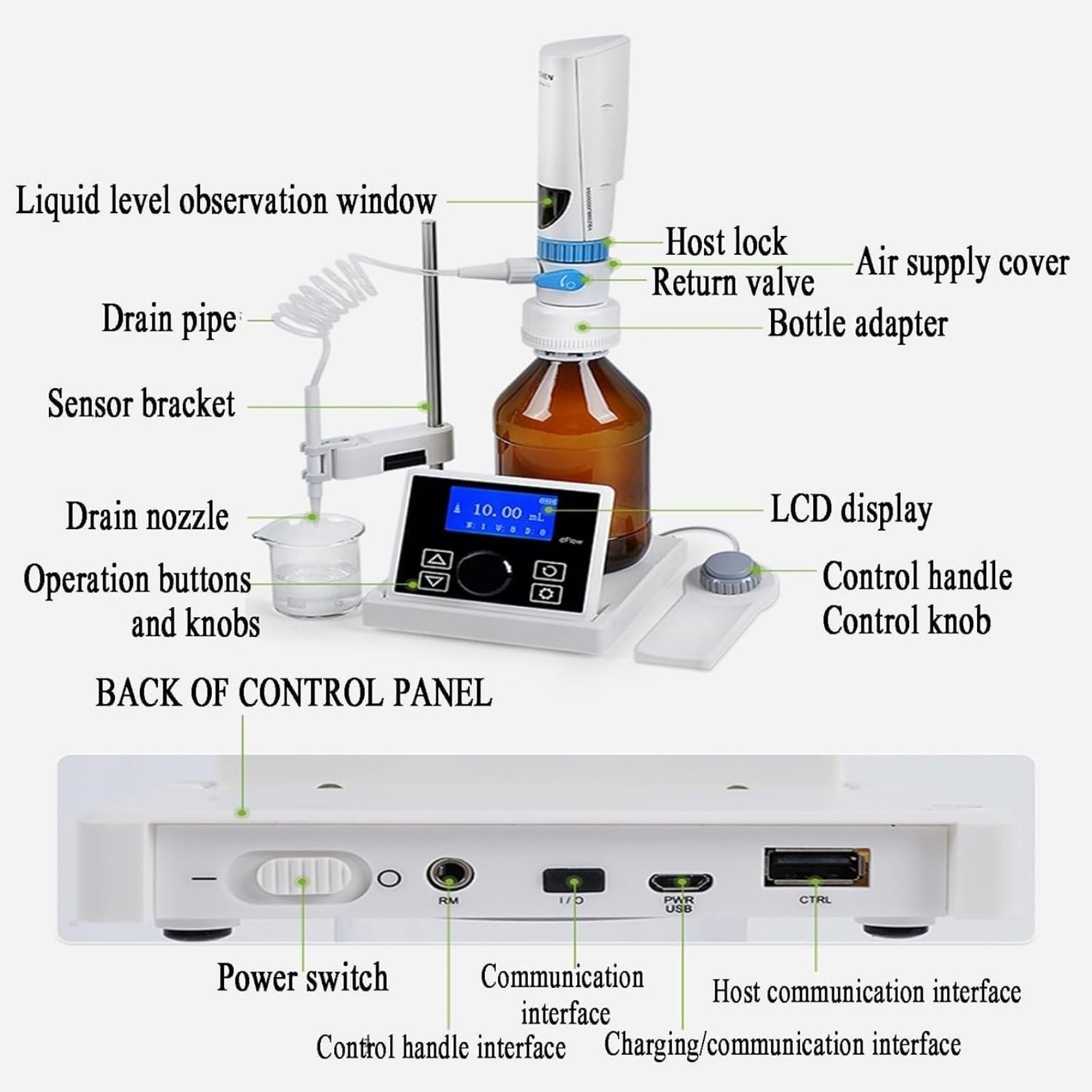 Elektronischer Labor-Flaschenaufsatz-Titrator, Polypropylen-Flaschenaufsatz-BüRette Mit Lcd-Display, 0,01–99 Ml Kontinuierliche Pipettierung, Elektronisches Labor-ReagenziendosiergeräT FüR Den