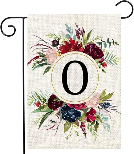 Banderas de jardín con monograma de letra O, bandera de jardín de verano de 12 x 18 pulgadas, banderas florales de doble cara para patio, bandera de