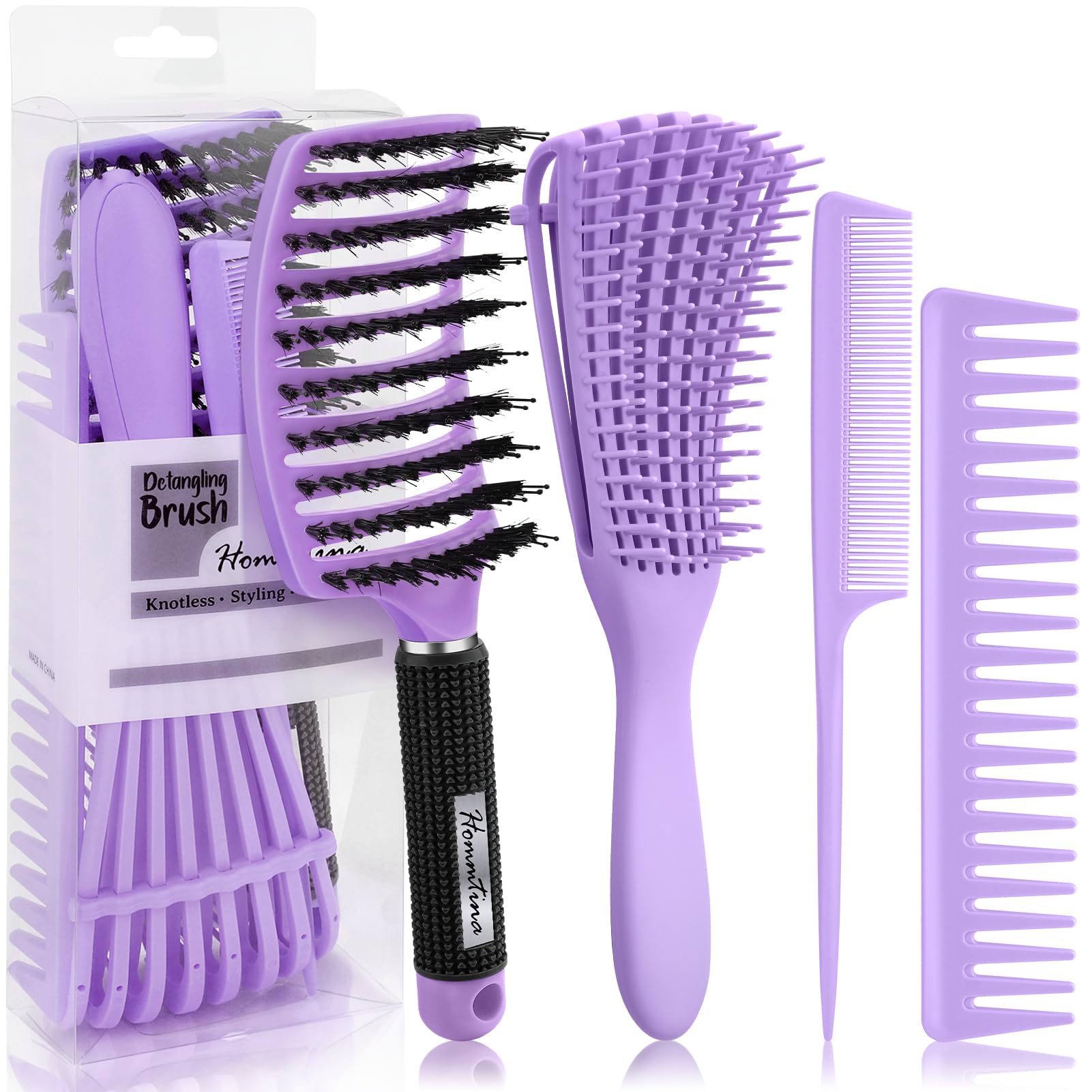 Hommtina Detangling Brush 4 Pack Curly Hair Brush Getting Shine and Makes Hair Smooth, Detangler Boar Bristle Hair Brush for Adult & Kids Wet or Dry