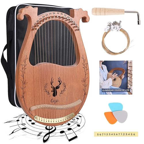 Lyre Harp, 16 Strings Mahogany Acoustic Harp with Extra Strings, Picks, Tuning Lever, Black Gig Bag, Beginner's Manual for Lyre - Brown