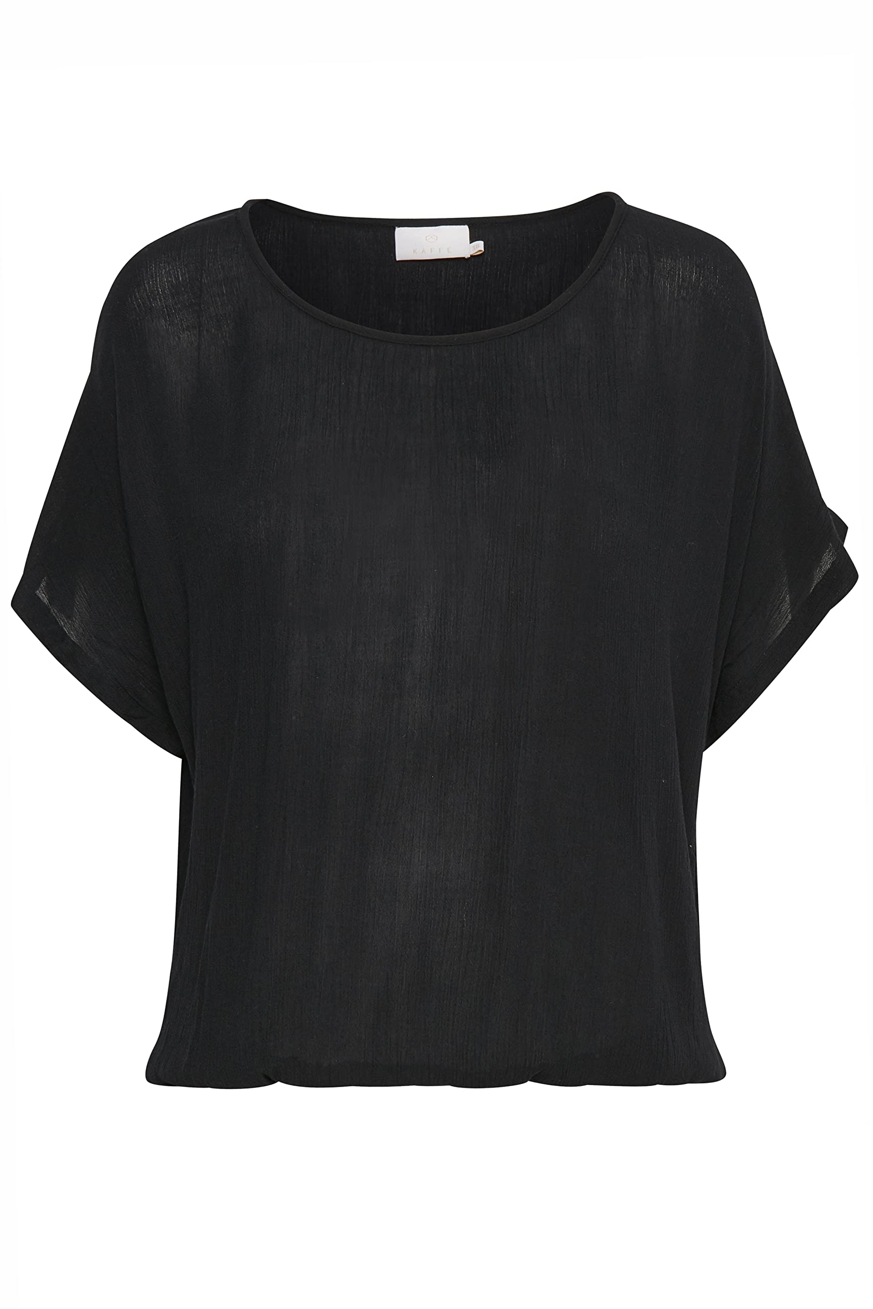 KAFFE Women's Blouse Short Batwing Sleeves Round Neck Elastic Hem Loose Fit, Black Deep, 14