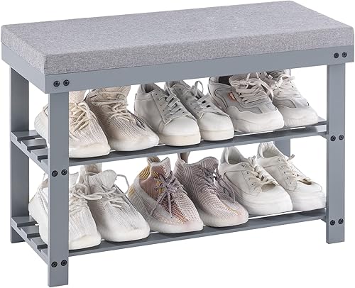 Miniatura 11 de Apicizon - Zapatero de 3 niveles para entrada, banco de zapatos de bambú con asiento acolchado, pequeño organizador de zapatos con almacenamiento