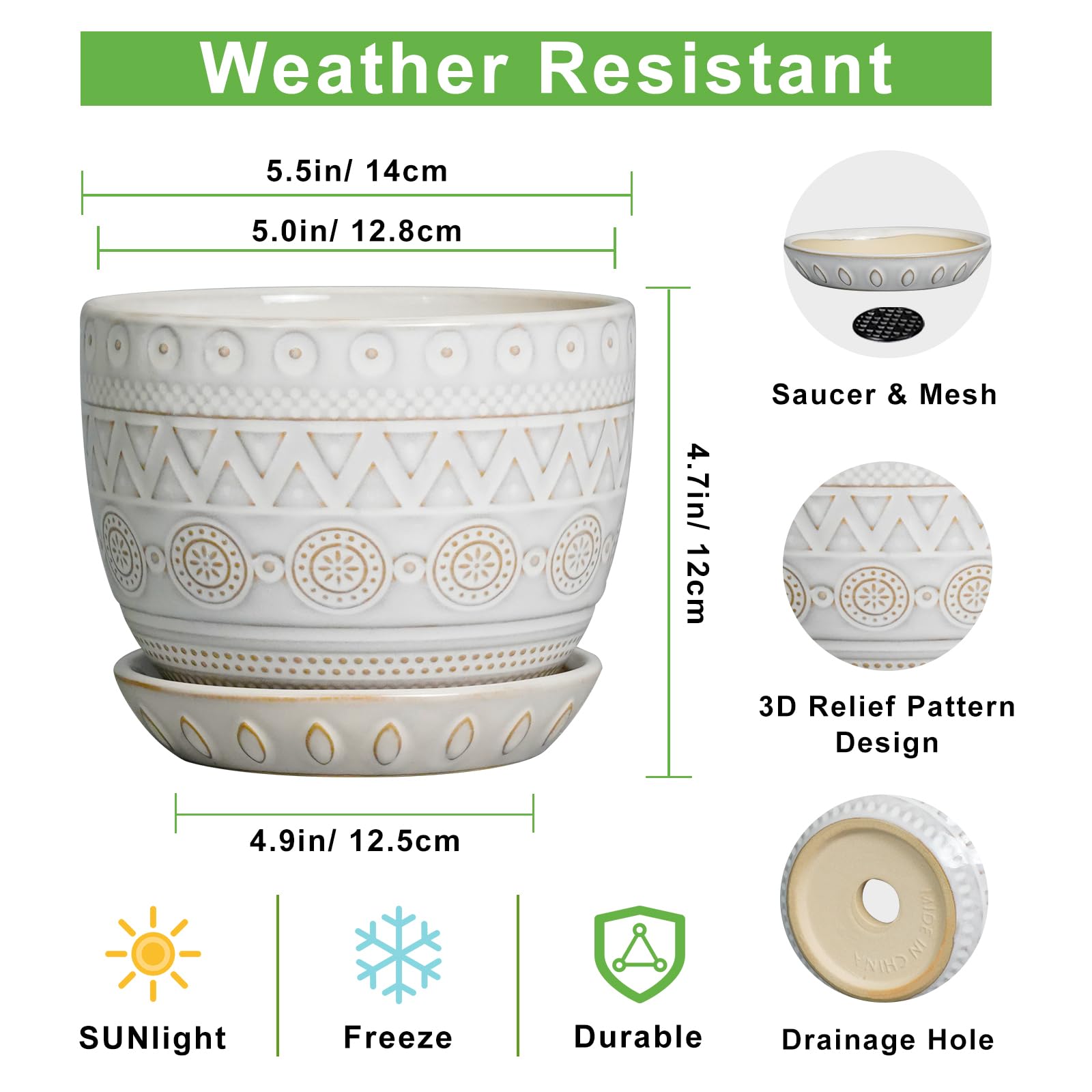 Coco Andrea Keramik-Blumentopf 12,7 Cm - Weiß Mit Schimmer, Mit Untersetzer