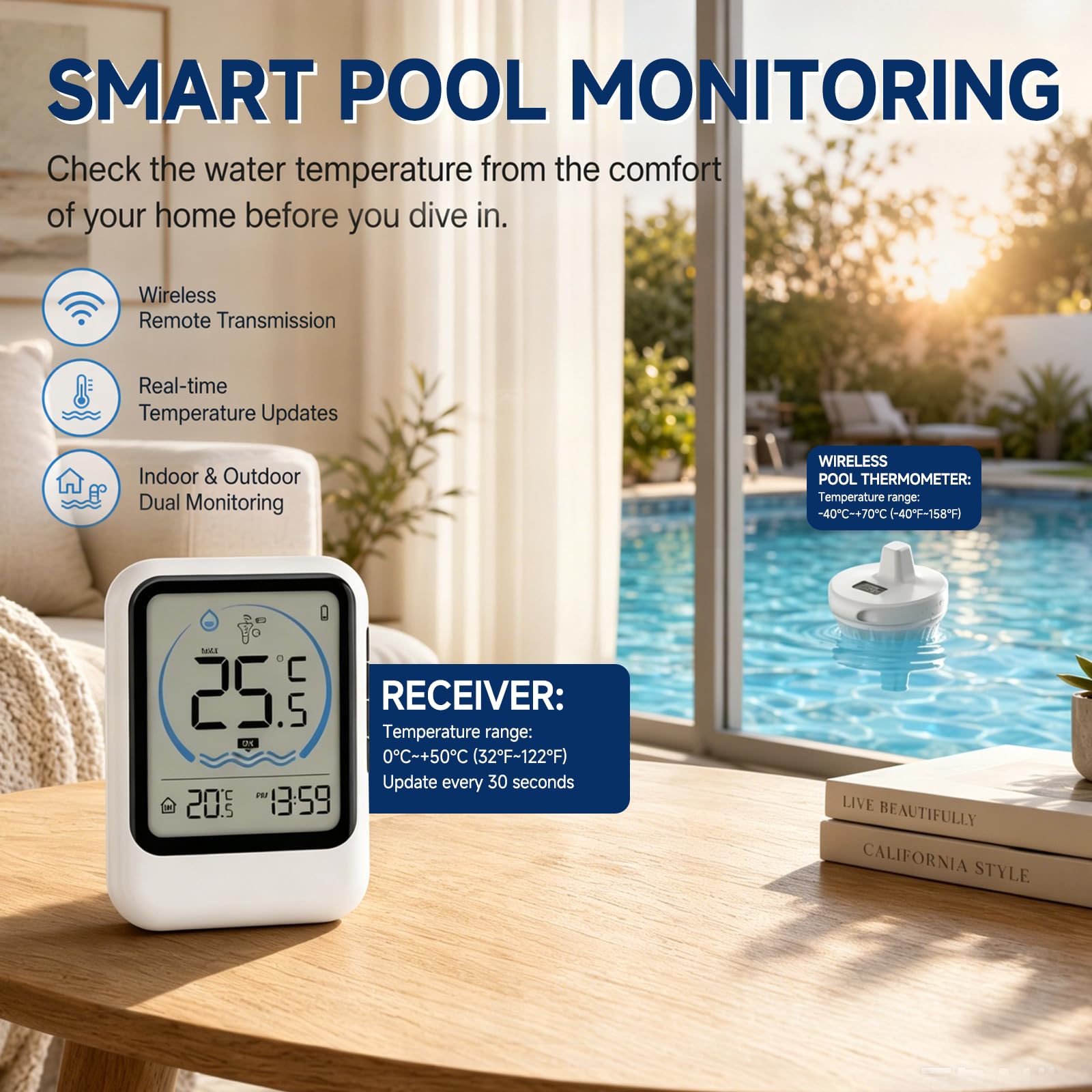 Pool Thermometer Funk, Poolthermometer Digital Funk, Schwimmendes Pool Thermometer mit IP68 Wasserdicht, Basisstation für Innenraum mit Temperatur & Uhrzeit, mit Außensensor, für Pool Teich Whirlpool