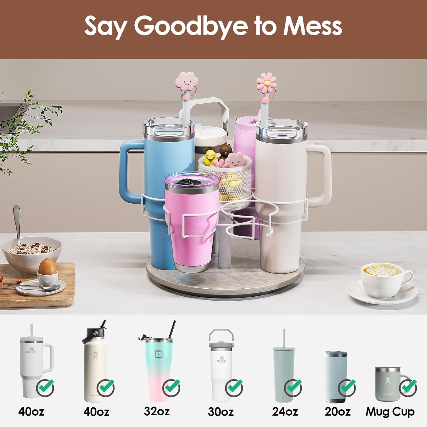 Water Bottle Organizer for 20/30/40oz Stanley & Other Large Tumbler, 6 Slots Stanely Cup Organizer with Straw Sleeve, Cup Bottle Holder for Cabinet Home Countertop Pantry Shelf,Gray - Image 3