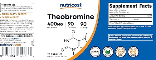 Miniatura 6 de Nutricost Teobromina 400 mg, 90 cápsulas vegetarianas, sin gluten, sin OMG