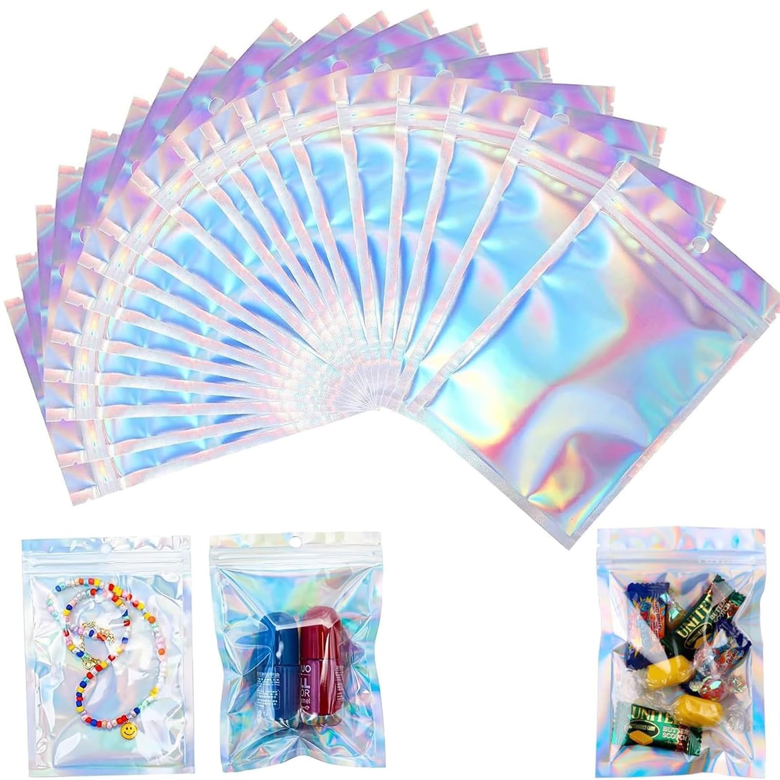 Lunpog Multicolored 40 Pcs Foil Ziplock Bags, Holographic Mylar Zip Lock Bags, Sealable And Resealable Smell Proof Holographic Packaging Gift Pouch For Candy, Cookies, Party, Jewelry - Small Goodie Packaging