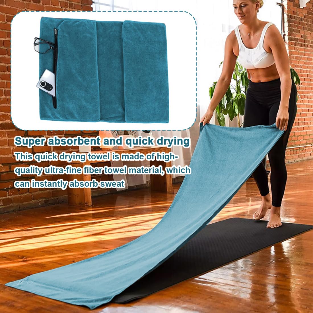 Toalla de Fitness con Bolsa de Microfibra, Toalla de Deporte Toallas de Microfibra con Bolsillo con Cremallera, Toalla de Gimnasio, Gym Towel