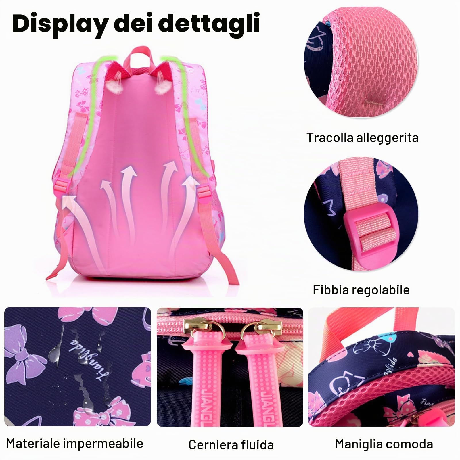 FANDARE Zaino per bambini Zaino Scuola Ragazze Elementare Adolescente Zainetto Daypacks per laptop - per Scuola Lavoro Escursioni Viaggi Impermeabile Nylon Rosa
