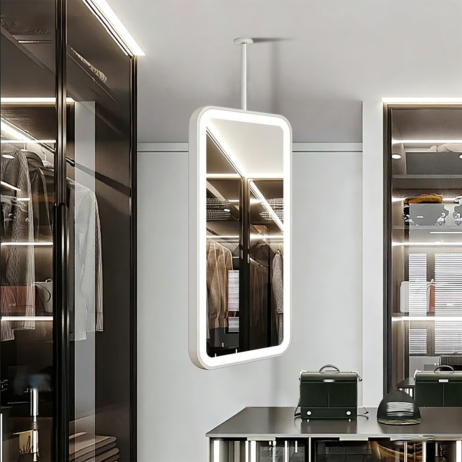 FGXHHS Ceiling Hanging Suspended Mirrors with Metal Frame，Wall-Mounted LED Lights，Rectangle Vanity Makeup for Bedroom Cloakroom Living Room(40cmx60cm)