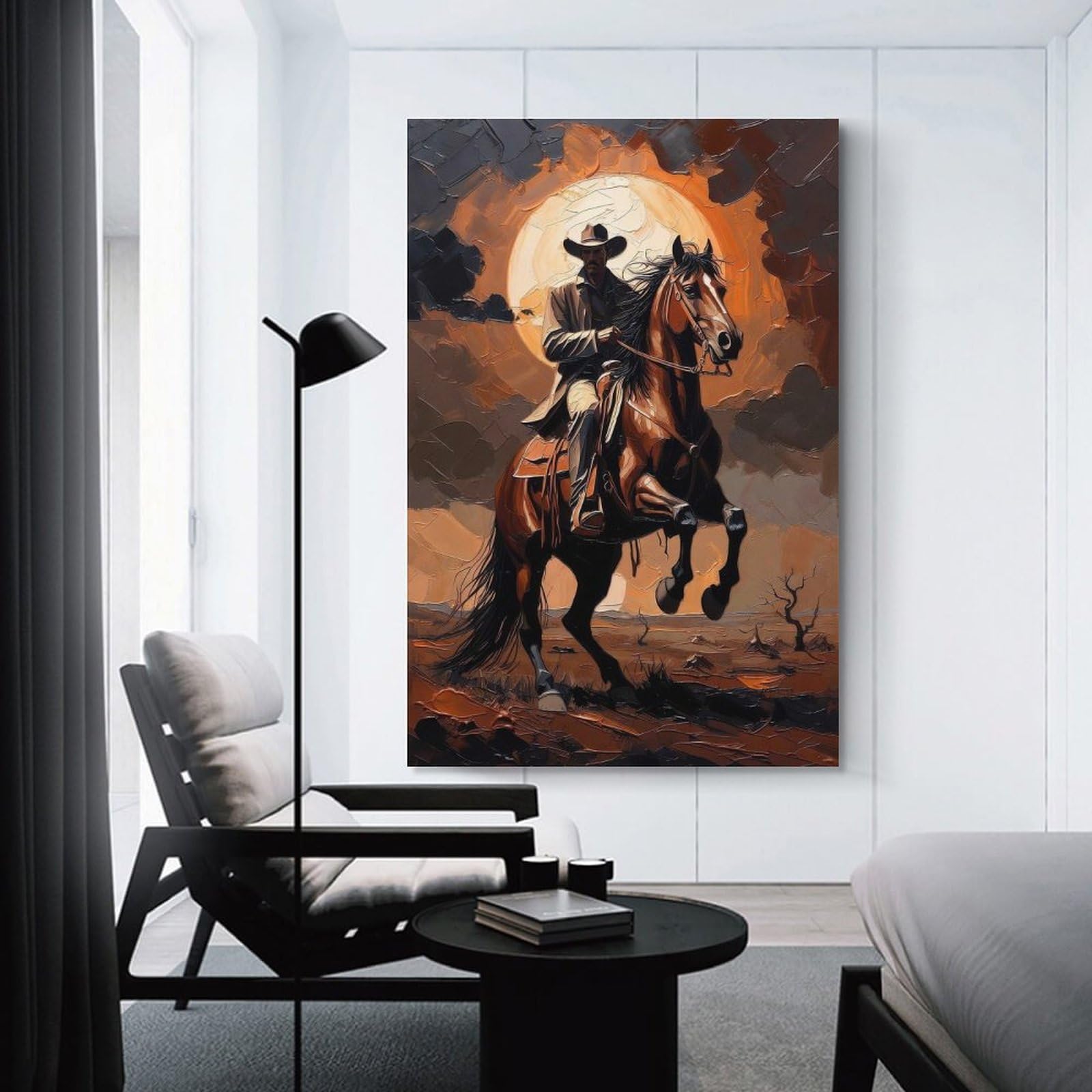 Junmoney Unframe-Style-20 Dramatic Impasto Cowboy Art Rearing Horse At Sunset Wall Picture Print, 24X36inch(60X90cm), For New Homes, Bedrooms Or Workspaces, Thoughtful Wall Decor For Art Lovers