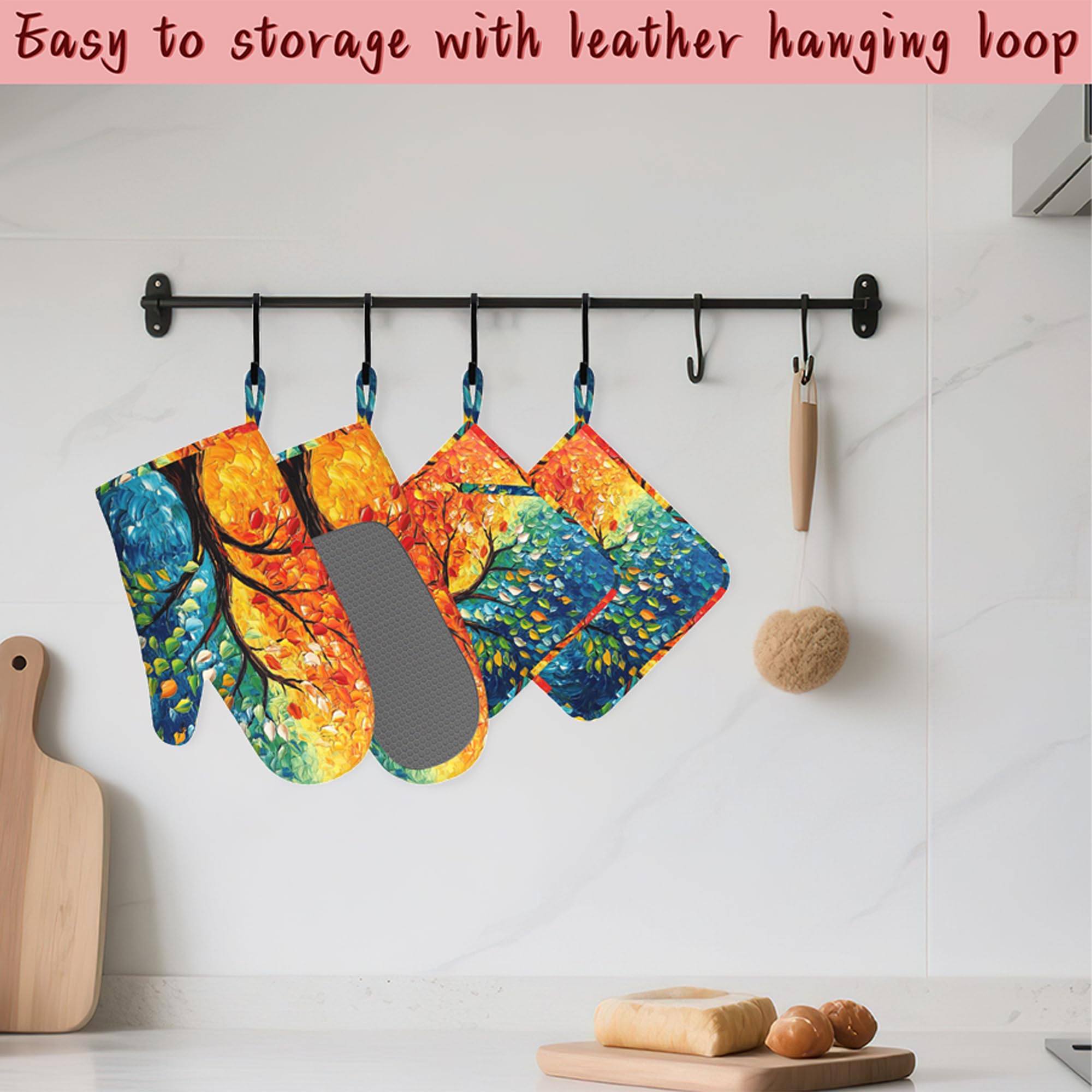 Tree of Life - Juego de guantes de horno de silicona y soportes para ollas, 4 piezas resistentes al calor, guantes de horno antideslizantes y almohadillas calientes para cocinar, hornear, asar a la