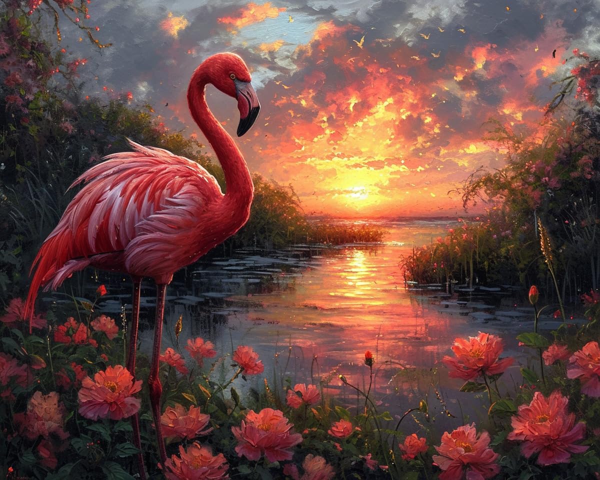 Stamped Cross Stitch Kits, Wandering Flamingo at Sunset, Needlepoint Counted Cross Kits for Beginners, Embroidery Kits Arts Home Decor(11CT No Frame,16x20 inch), Delicate