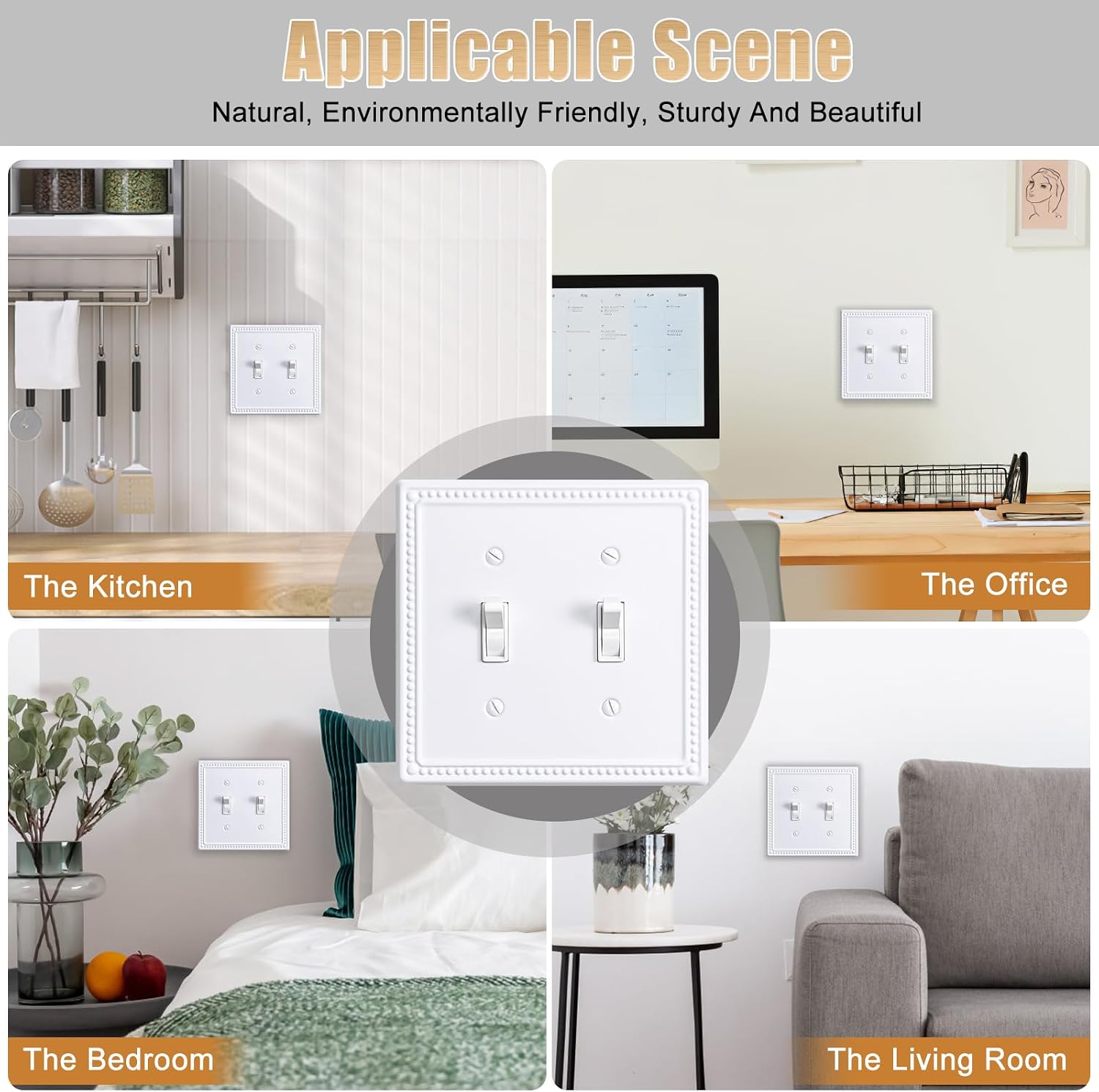 Metal Outlet Covers Wall Plates, White Beadboard Switch Plate Cover, Receptacle Light Switch Covers, Decorative Electrical Outlet Cover (2 Gang Toggle 2 Pack)