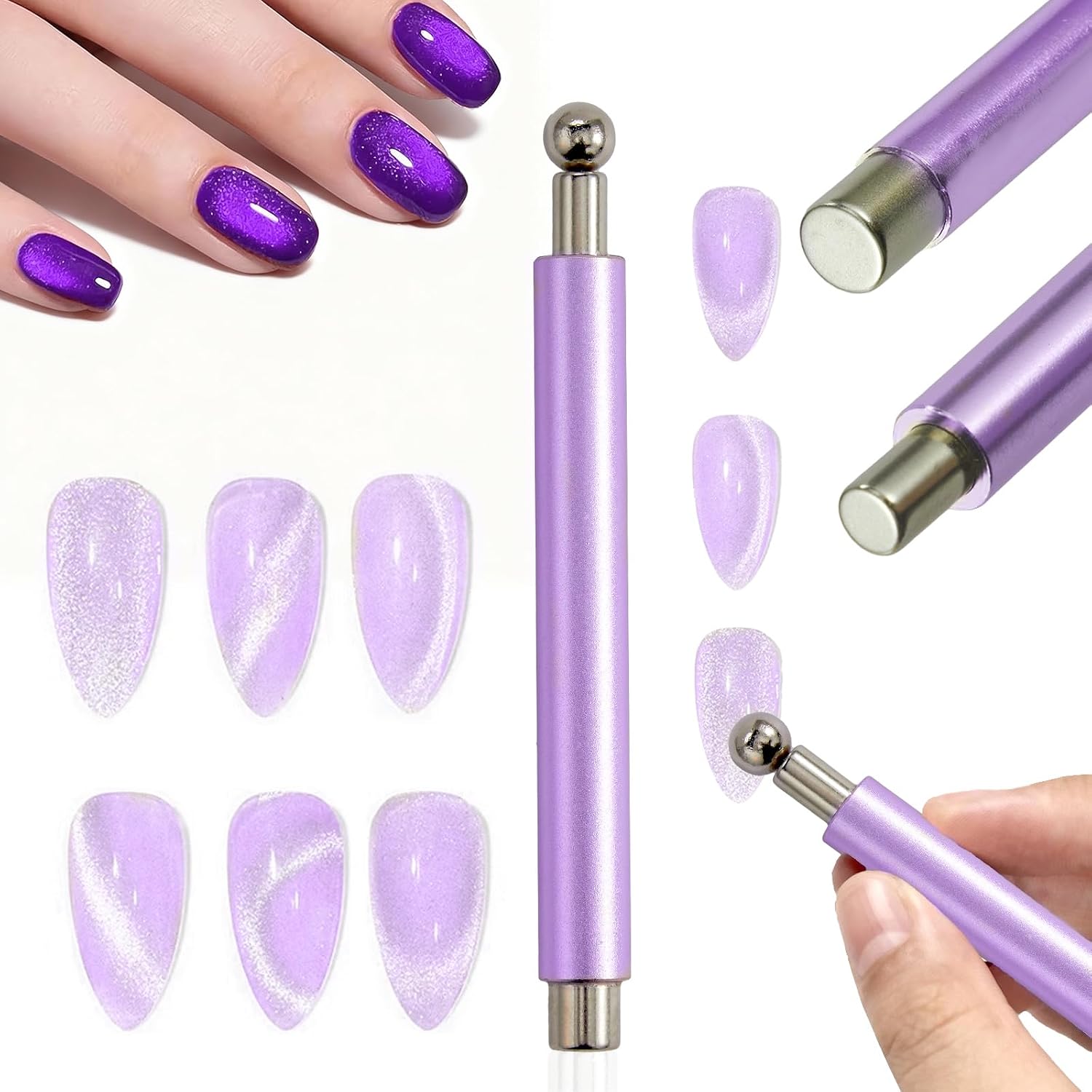 1 Pieces Purple Nail Magnet for Nail Art Dual-Head Cylinder Magnet with Magnetic Beads for Cat Eye Gel Nail Polish Cat Eye Magnet for Nails