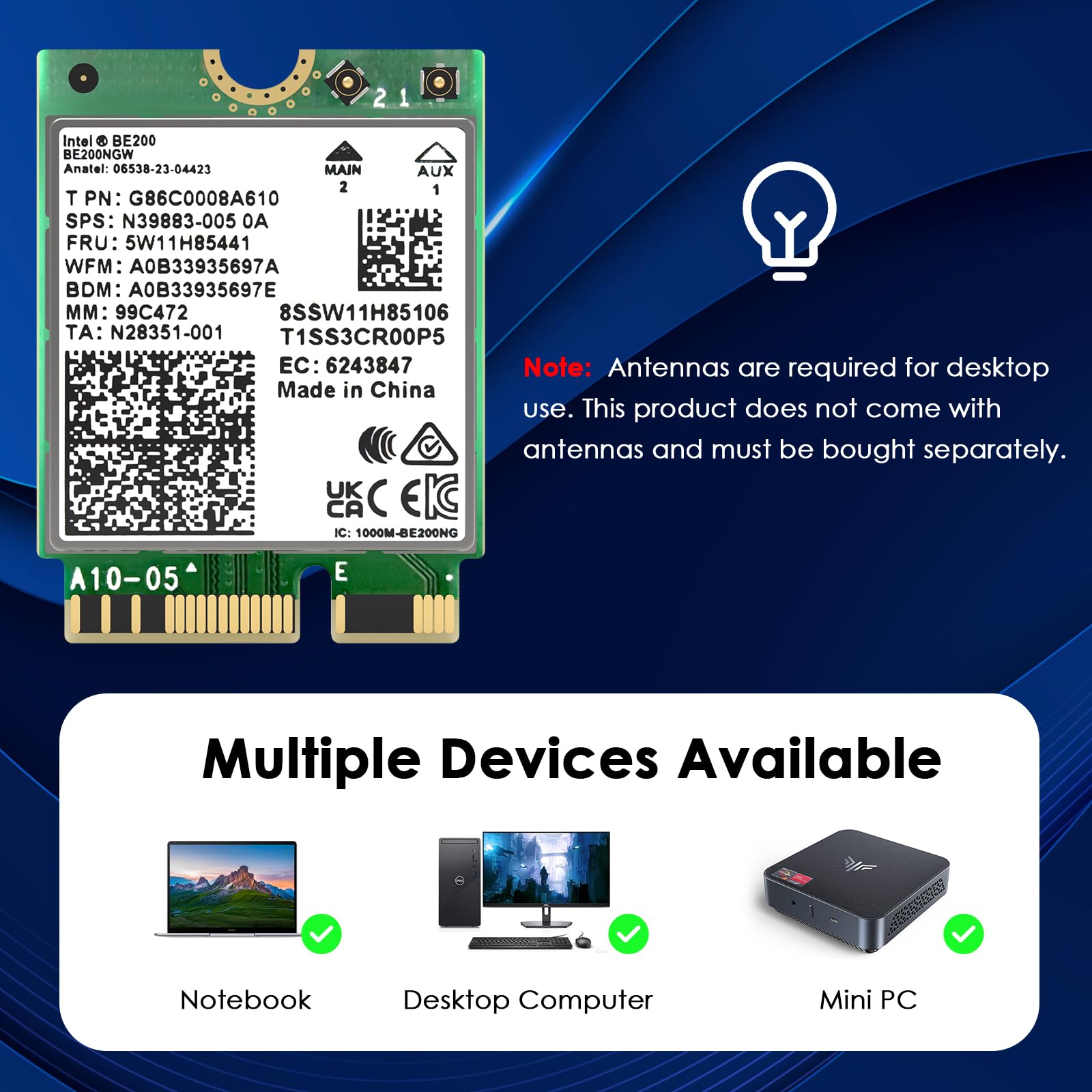 WAVLINK WiFi 7 Carte WiFi, 8774Mbps Tri-Band BE200 M.2 NGFF Network Module with Bluetooth 5.4, MU-MIMO, WPA3, Support Windows 10/11(64-bit) Laptop, Non Disponible pour Les Cartes mères AMD