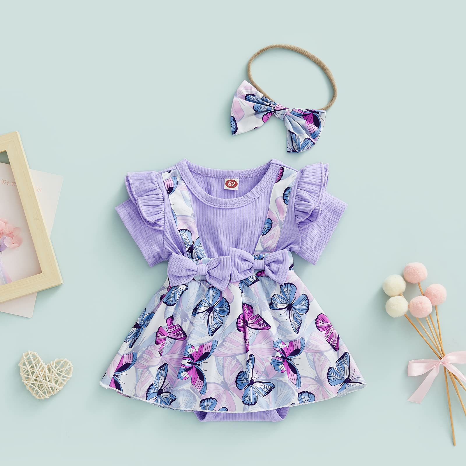 Xiaodriceee Newborn Baby Girl Summer Clothes Short Sleeve Butterfly Print Ribbed Suspender Romper Dress Headband 2Pcs Set (6-9 Months,Purple)