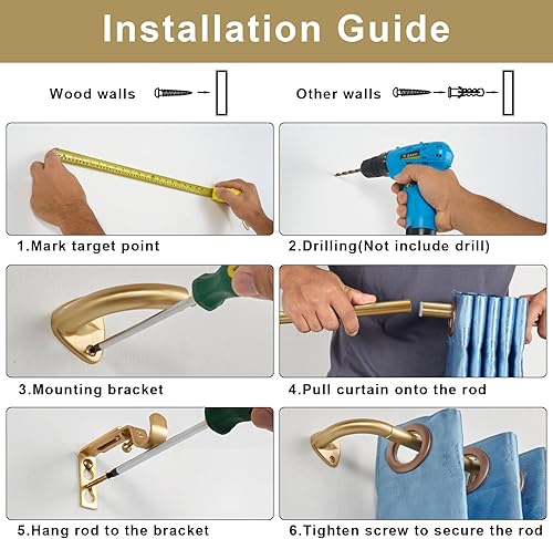 Miniatura 9 de Barras de cortina de oscurecimiento de habitación de 28 a 48 pulgadas, diseño envolvente de latón, barra de cortina individual de 34 pulgadas de