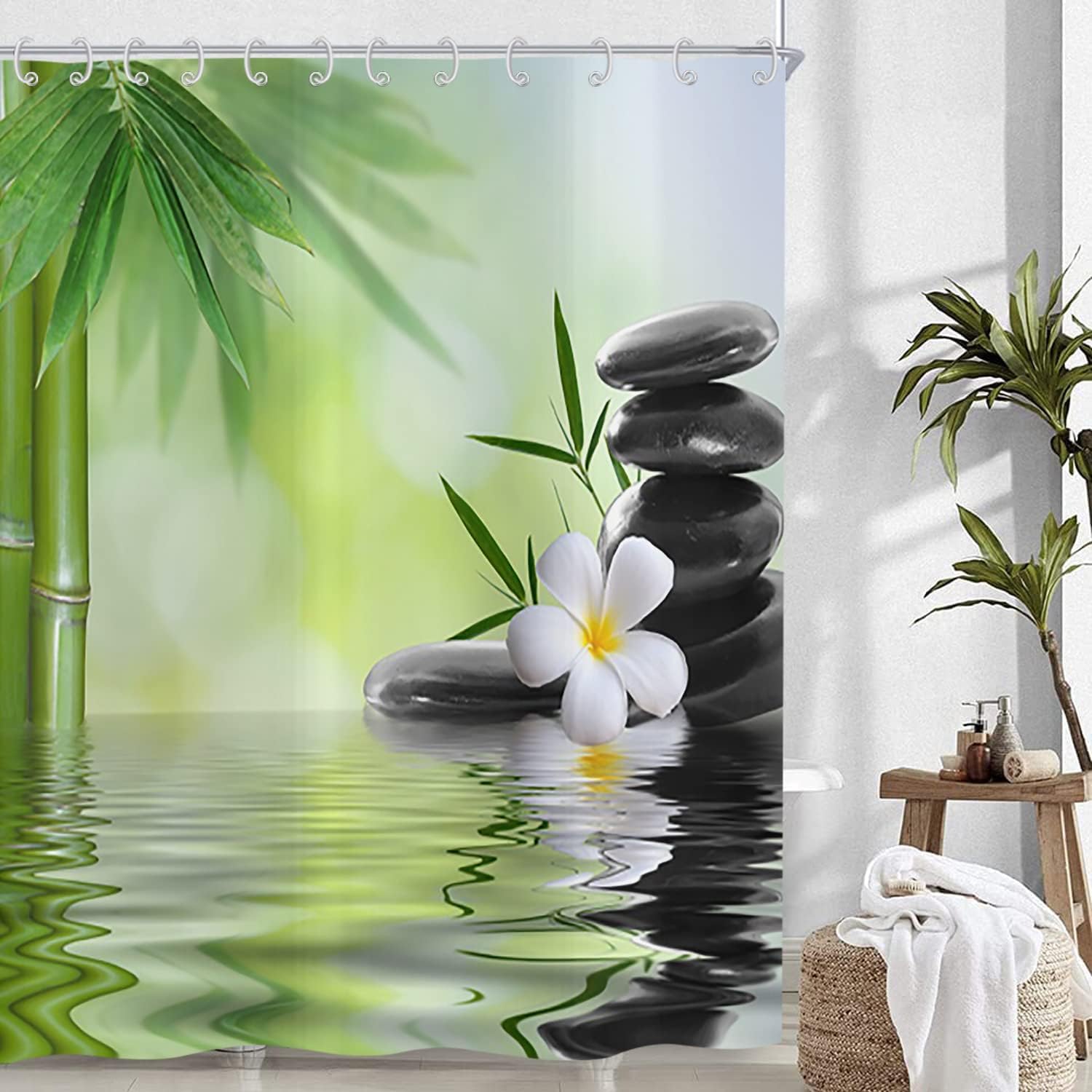 Spa Grüner Bambus Duschvorhang 300x180cm Schwarzer Stein Weiße Blume Frühling Zen Meditation Garten Duschvorhang Anti Schimmel, Polyester Stoff Waschbar Duschvorhänge für Badezimmer