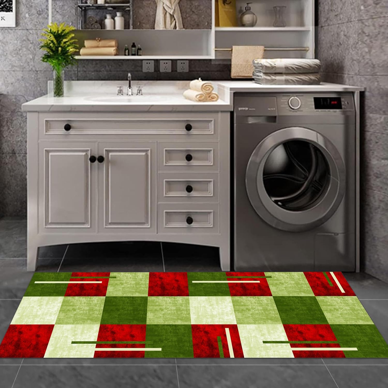 Teppich Läufer Lang Rot Grün Flur Küche rutschfest waschbar Teppichmatten Modern Design Küchenläufer 80X160cm Küchenteppich Meterware Esszimmer Schlafzimmer Wohnzimmer Schmutzfangmatte