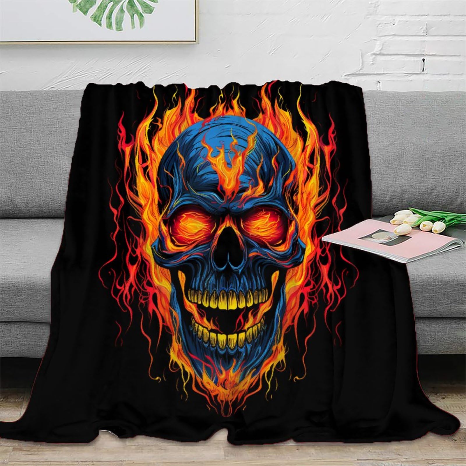 Couverture crânes 3D douce en flanelle pour se détendre sur le canapé ou voyager en famille