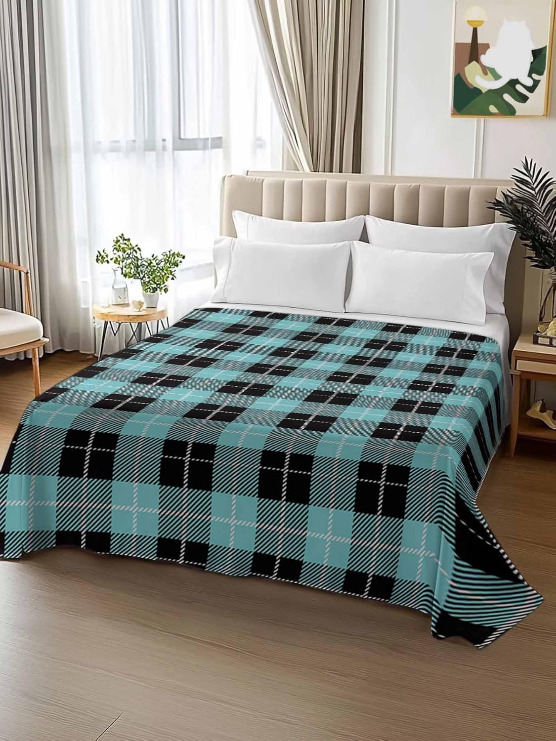 Top Sheet Full Bedding Flat Sheet Only, Tartan Plaid Buffalo Grid Pattern Microfiber Bed Sheets Soft Breathable Bedding Flat Sheets, Teal and Black Hotel Luxury Top Sheets