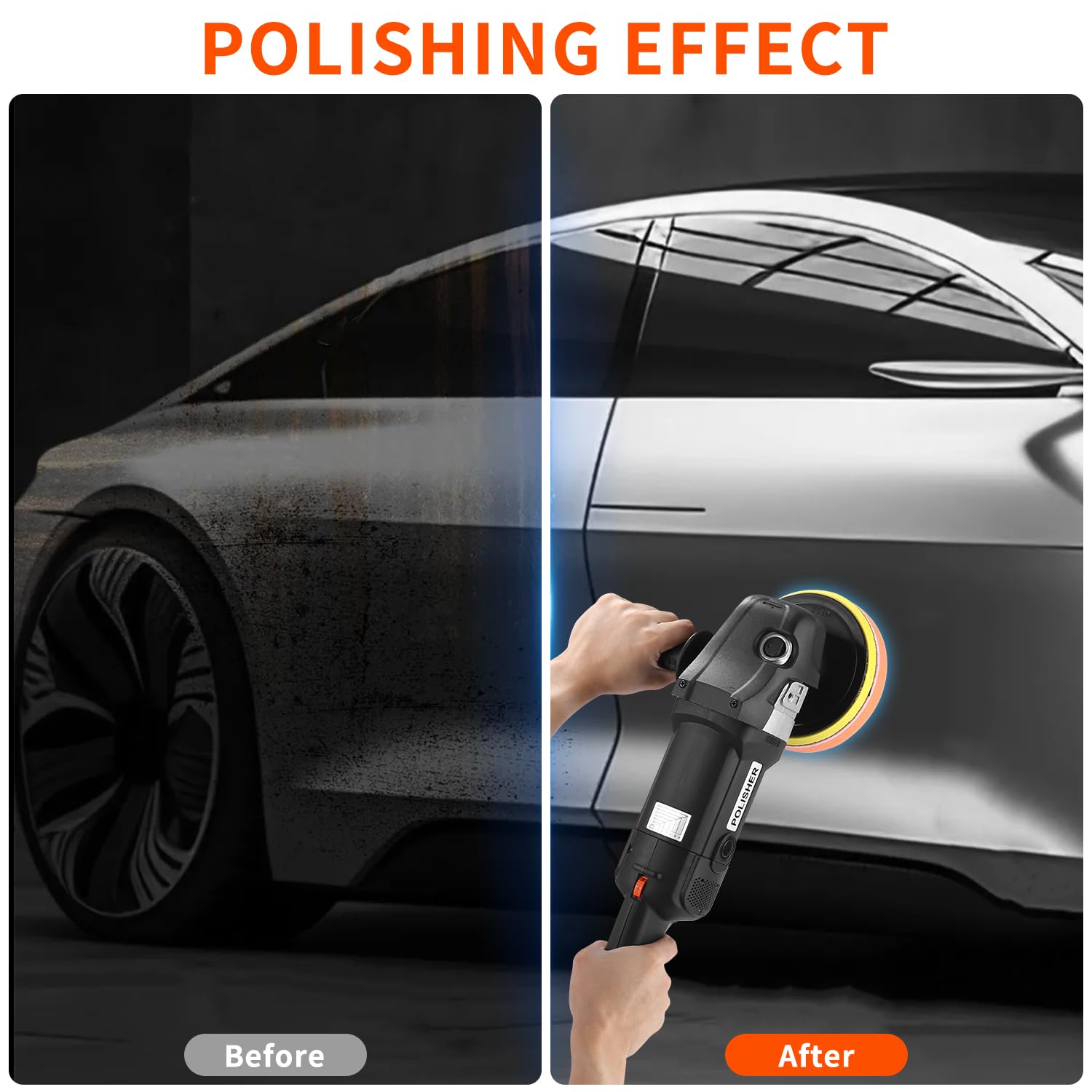 Pulidora profesional de 1600 W, 8 velocidades variables, juego de 24 unidades con plato de pulido de 180 mm, mango D extraíble y mango lateral, para encerar y pulir coches