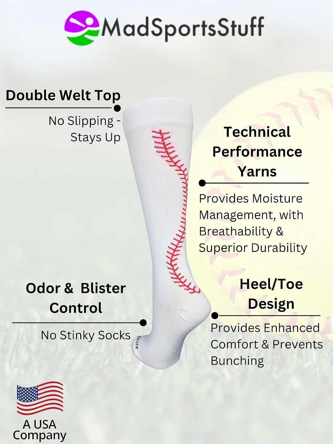 MadSportsStuff Softball Socks with Stitches for Girls and Women Youth and Adult Sizes in Over the Calf Length Kids